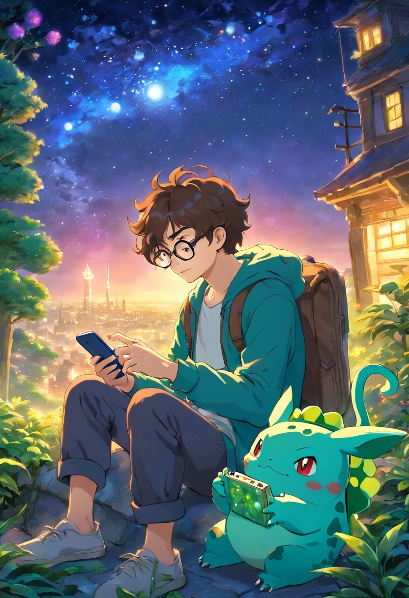 Homem jovem moreno, de casaco, wearing glasses with wavy hair sitting fiddling with his phone with a Bulbasaur, Watching the starry sky at night