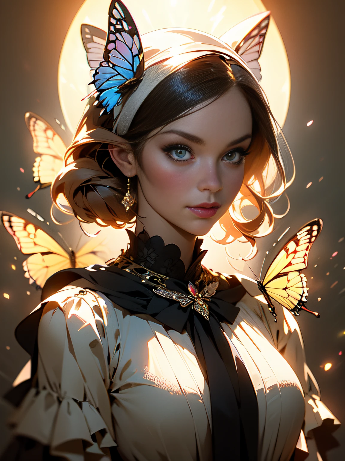 a woman ( she looks 30 years old), mature face, adult, tall, older than 20, with a bow on her head and a dress on her body, with a butterfly on her shoulder, Charlie Bowater, rossdraws global illumination, a character portrait, fantasy art,satin dress,, detailed skin texture, (blush:0.5), (goosebumps:0.5), subsurface scattering, facing the camera, looking forward, body and head straight forward, looking at the viewer