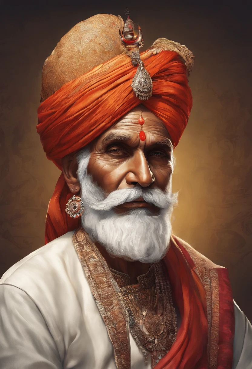 (old indian man:1.1,wearing turban:1.2,white bigger beard:1.1,bigger moustache:1.1,lighting cigar:1.2,in swag,extremely detailed facial hairs,portrait,half body,medium:oil painting,detailed eyes and face,detailed turban,traditional clothing,aged appearance,royal background,studio lighting,vibrant colors,dignified expression) bhasma on forehead, holding sigarete in hand