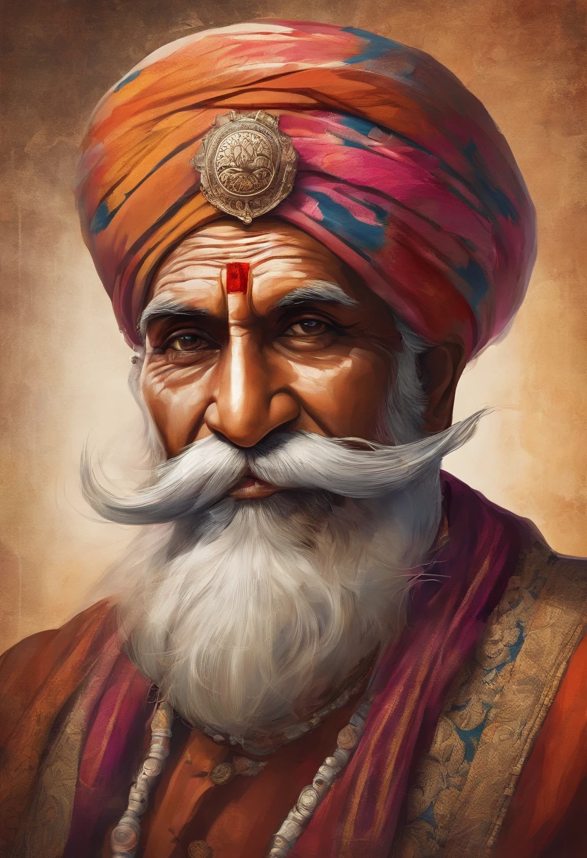 (old indian man:1.1,wearing turban:1.2,white bigger beard:1.1,bigger moustache:1.1,lighting cigar:1.2,in swag,extremely detailed facial hairs,portrait,half body,medium:oil painting,detailed eyes and face,detailed turban,traditional clothing,aged appearance,royal background,studio lighting,vibrant colors,dignified expression) bhasma on forehead, holding sigarete in hand