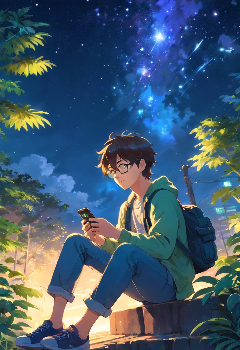 Homem jovem moreno, de casaco, wearing glasses with wavy hair sitting fiddling with his phone with a Bulbasaur, Watching the starry sky at night