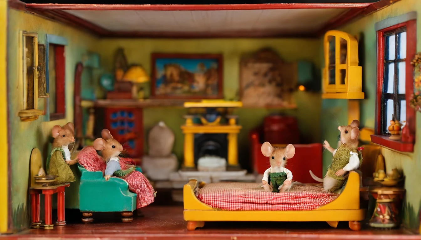 1930's era doll house, back view, ornate, colorful, cute mice in rooms