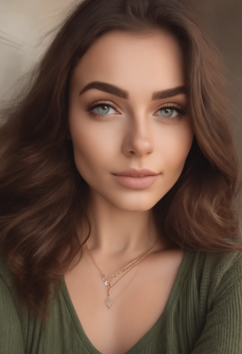 arafed woman with a white tank top and a necklace, sexy girl with green eyes, portrait sophie mudd, brown hair and large eyes, selfie of a young woman, bedroom eyes, violet myers, without makeup, natural makeup, looking directly at the camera, face with artgram, subtle makeup, stunning passphoto, piercing green eyes, front angle, slight smile, cute girl, sexy pose, headshot, full body, full body shoot, brunette goddess, high detail, satisfied face