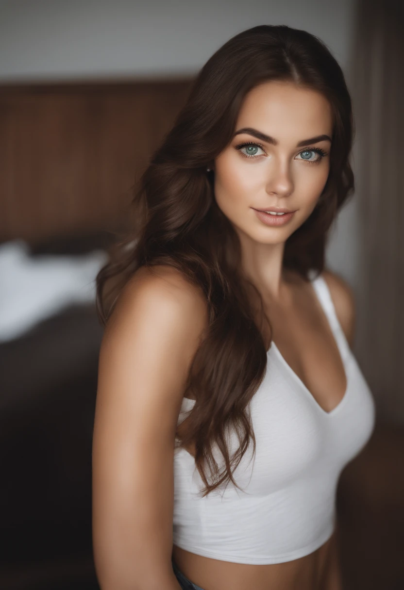 arafed woman fully , sexy girl with brown eyes, ultra realistic, meticulously detailed, portrait sophie mudd, brown hair and large eyes, selfie of a young woman, bedroom eyes, violet myers, without makeup, natural makeup, looking directly at the camera, face with artgram, subtle makeup, stunning full body, dancing in the club, medium to large size bust