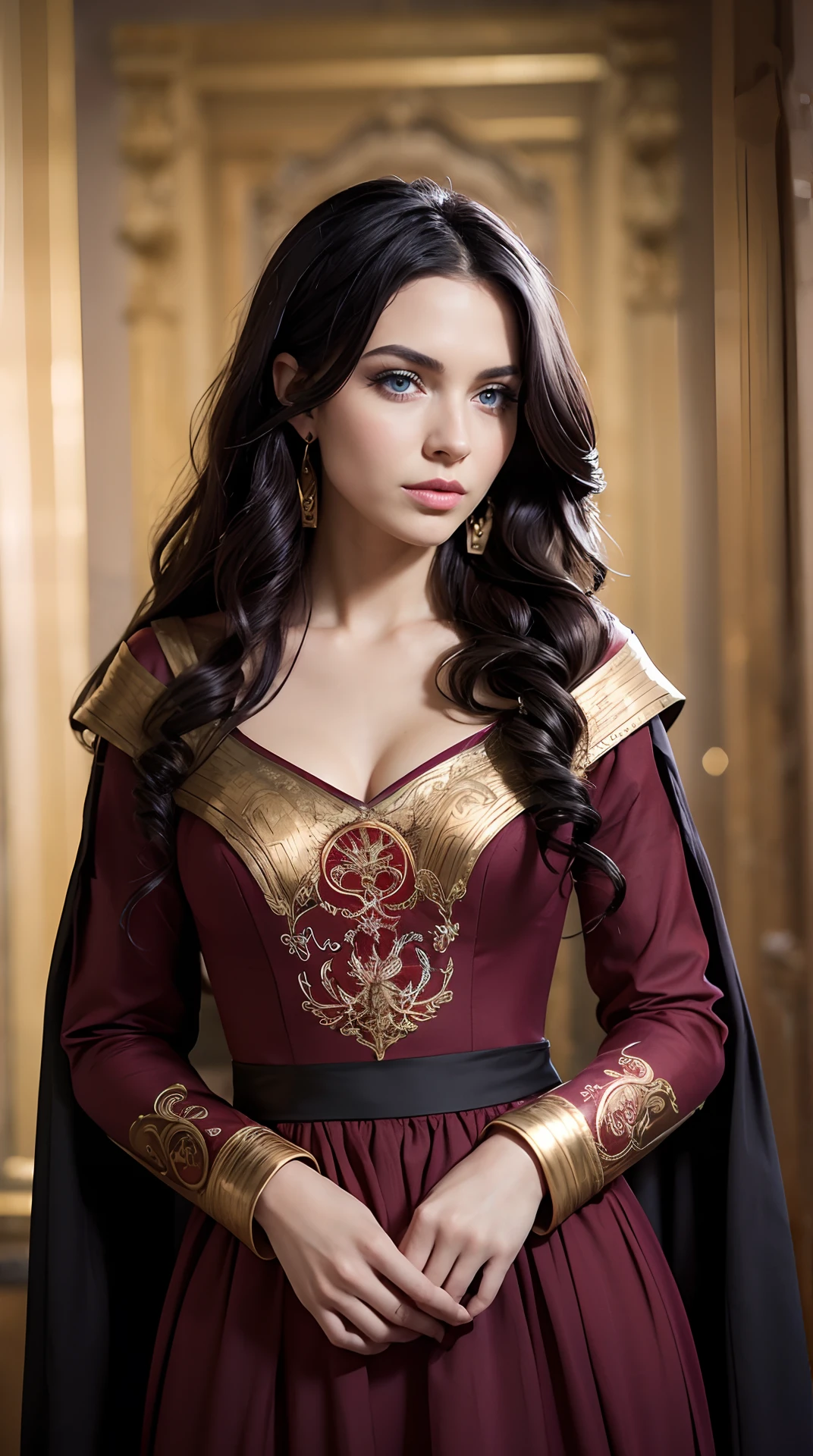 RAW photo, woman 25 years old, Waist-length image in the center of the composition, ((long, black, curly hair)), blue eyes, haughty, bitchy, arrogant, gold embroidered early medieval (maroon dress) with long, wide, spacious straight sleeves, in a medieval castle, blurred background, 8K UHD, dim lighting, hiquality, Film grain, Fujifilm XT3