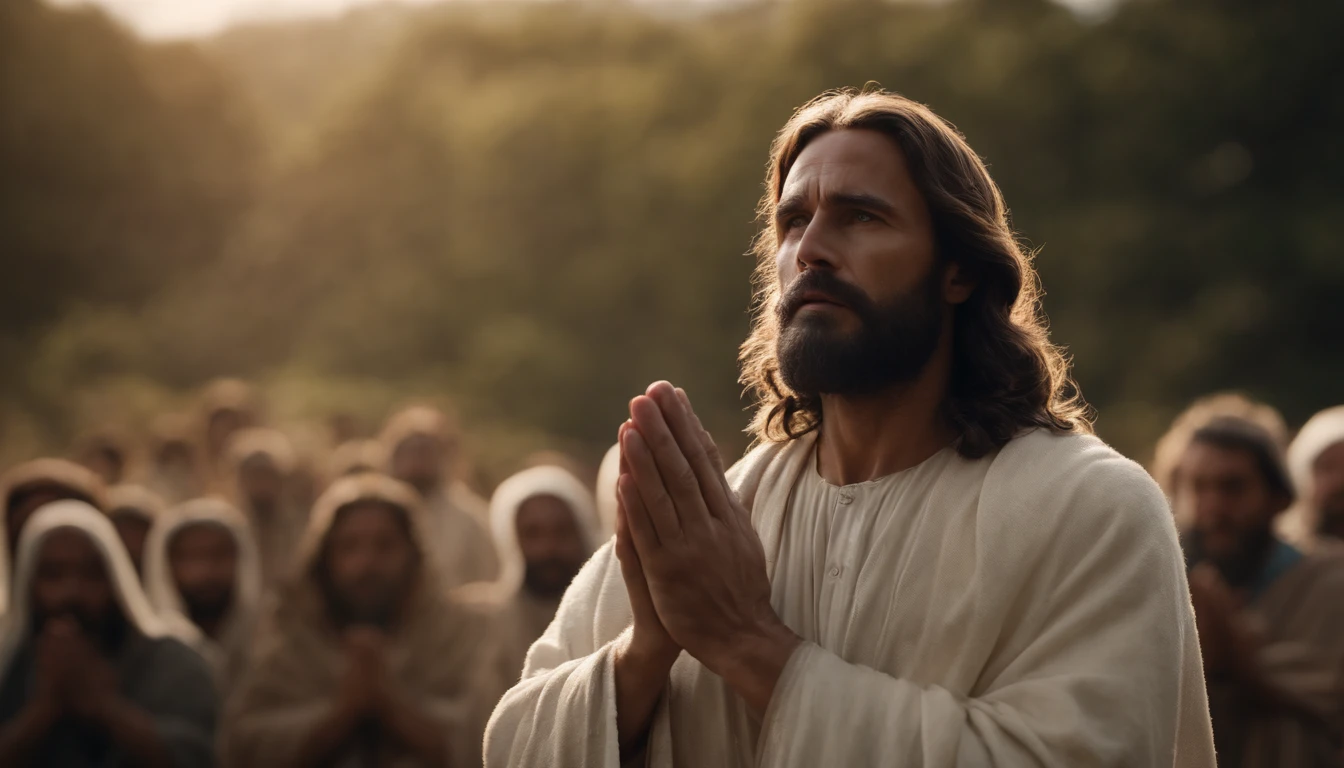 Portrait of a fatherJesus Christ praying for humanity with his hands raised. It is to the left of the image and in the background, Borrada is the population