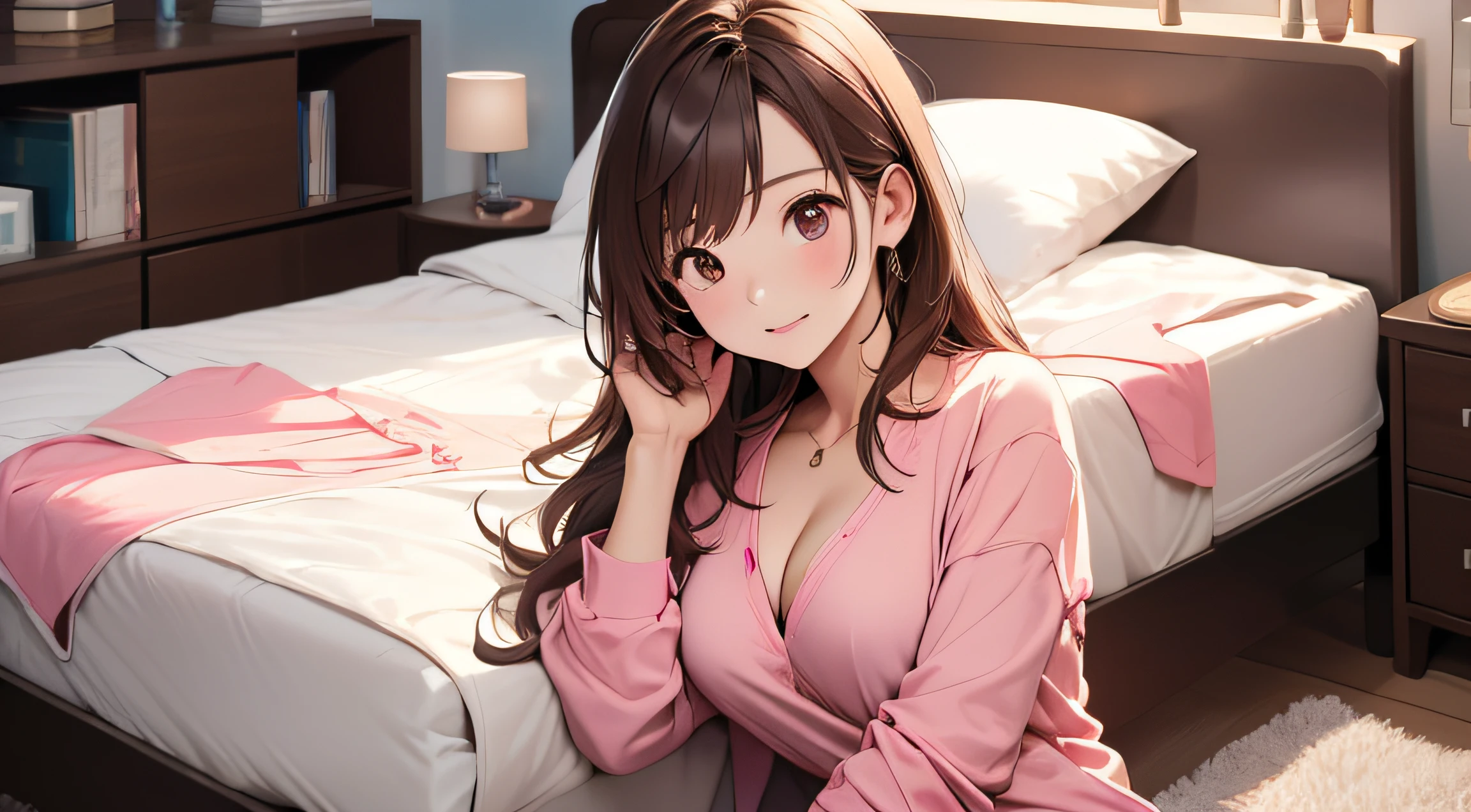 (A Certain Science Railgun、Seo Yeon Joo)、Brown skin、pink mini long sleeve shirt、(Medium hair in pink color)、Young、Cute、a beautifulchi girl、Perfect style、larjeBoobs、sexy legs, cute pose, smiling, Emphasizes cleavage、deadpan、realisic、Realistic、8k、Heavily detailed、最好质量、Top image quality、high-resolution、A masterpice、only girl、(The background is a mattress)、