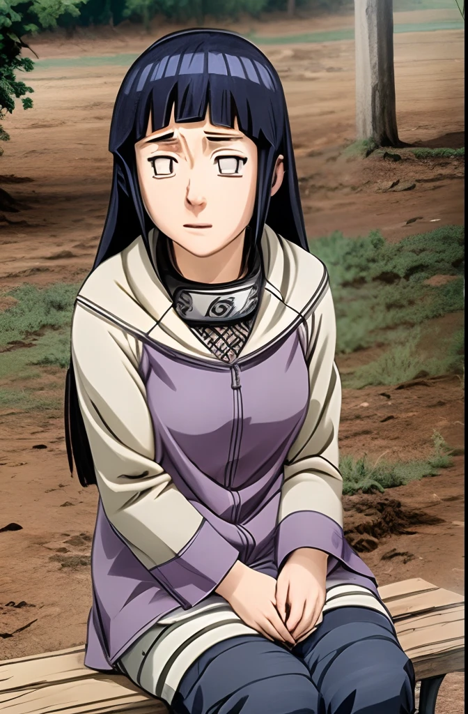 Hinata Hyuuga, cute blushing face, lovely park, sunny day, sitting at a bench