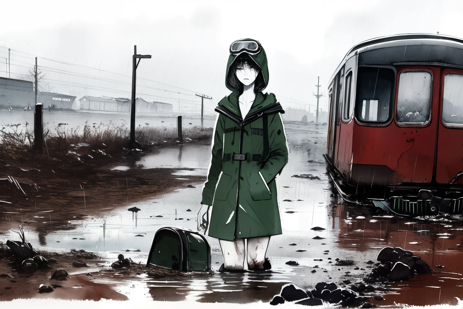 masterpiece, best quality, 2girls, (closeup), 18yo , slim, small breast, walk knee-deep in water, sad, tired, dirty face, green raincoat, hoods on, goggles on head, (backpacks), military pants, heavy rain, downpour, flood, wasteland, abandoned train station, grey, desolate, rain, dark, watercolor, sketch
