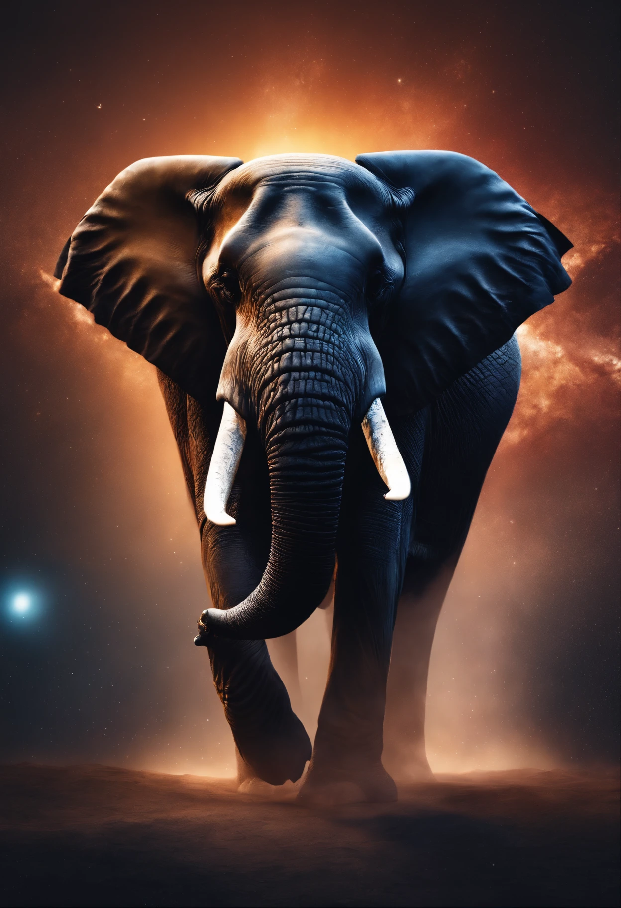 Majestic elephant in a Nebulosa , Splash art, Adobe Illustrator, Vector, 3D Illustration, Abstract Art, Print illustrations, Dark Background, Vibrant Color, Very Colorful, Trendy Colorful Gradient, Centered, Front View, Hyper Detailed, Photorealistic Rendering, 8k HD, Focused, Super Detailed, Intricately Detailed Splash Art Triadic Color Trend Artstation Unreal Engine 5 Volumetric Lighting, Gothic , High resolution, close-up, ambient light, Nikon 15mm f/1.8G, by GIlSam-paio octane rendering depicting innovation and truth, 8k, glamour, intricate detailed environment, lace, smudges , ornate, unreal engine, fantastica, sunset, milky way, starry night