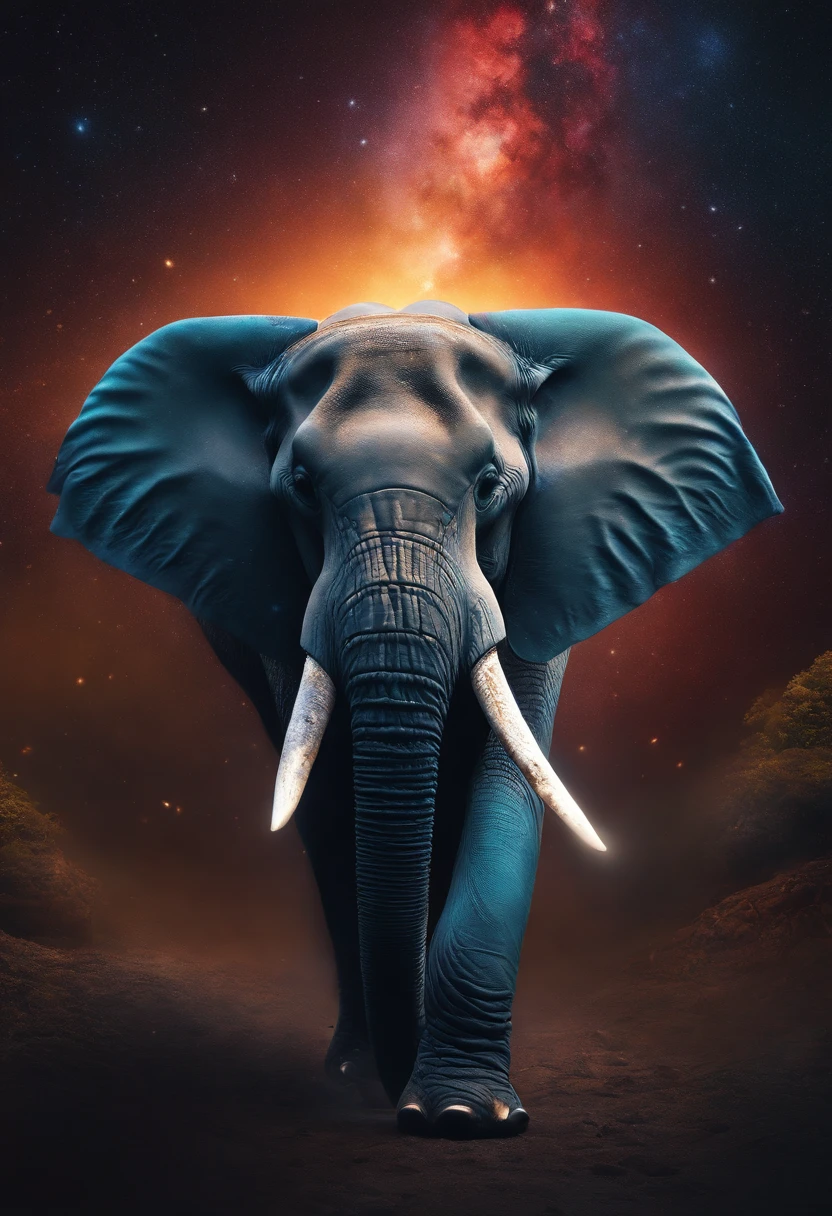 Majestic elephant in a nebula , Splash Art, Adobe Illustrator, vecteur, 3d illustration, art abstrait, Imprimer des illustrations, background dark, couleur vibrante, very colorful, Trendy Colorful Gradient, centered, Vue de face, hyper detailed, Photorealistic Rendering, 8K HD, focused, super detailed, Intricately Detailed Splash Art Triadic Color Trend Artstation Unreal Engine 5 Volumetric Lighting, Gothique , High resolution, gros plan, ambient light, Nikon 15mm f/1.8G, by GIlSam-paio octane rendering depicting innovation and truth, 8k, charme, intricate detailed environment, dentelle, Taches , Fleuri, Moteur Unreal, fantastique, coucher de soleil, milky way, starry night
