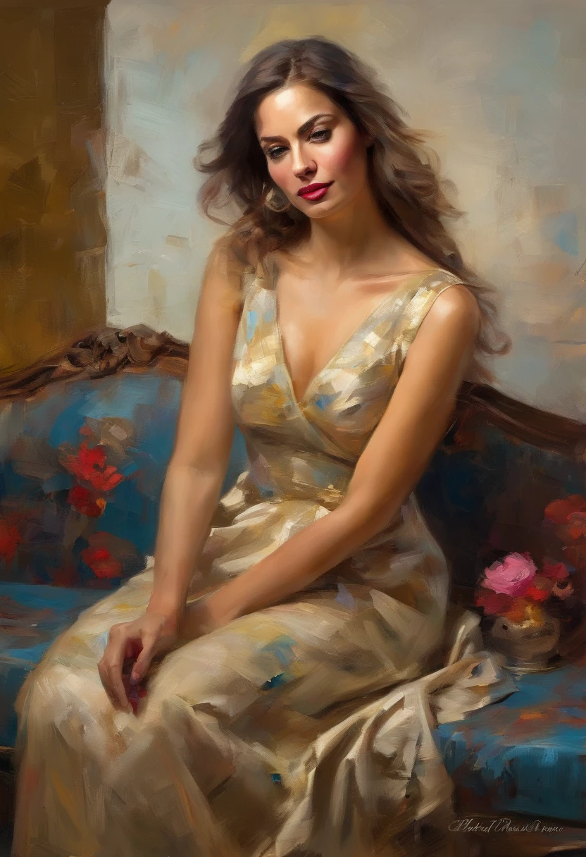 A painting of a woman with her eyes closed, leaning on her hand smiling, wearing a beautiful dress, with exposed cleavage, ((golden ratio}} laying on the sofa after a long night on the town, a sensual painting, a Beautiful expressive painting, Wadim Kashin. Ultra photo realism, Louise Ross, digital painting art, Perceptual digital painting, Stylish digital painting, Bonito painting, glossy digital painting, beautiful digital painting, digital art painting, Fine paintings, ((Rod acrylic paint)).