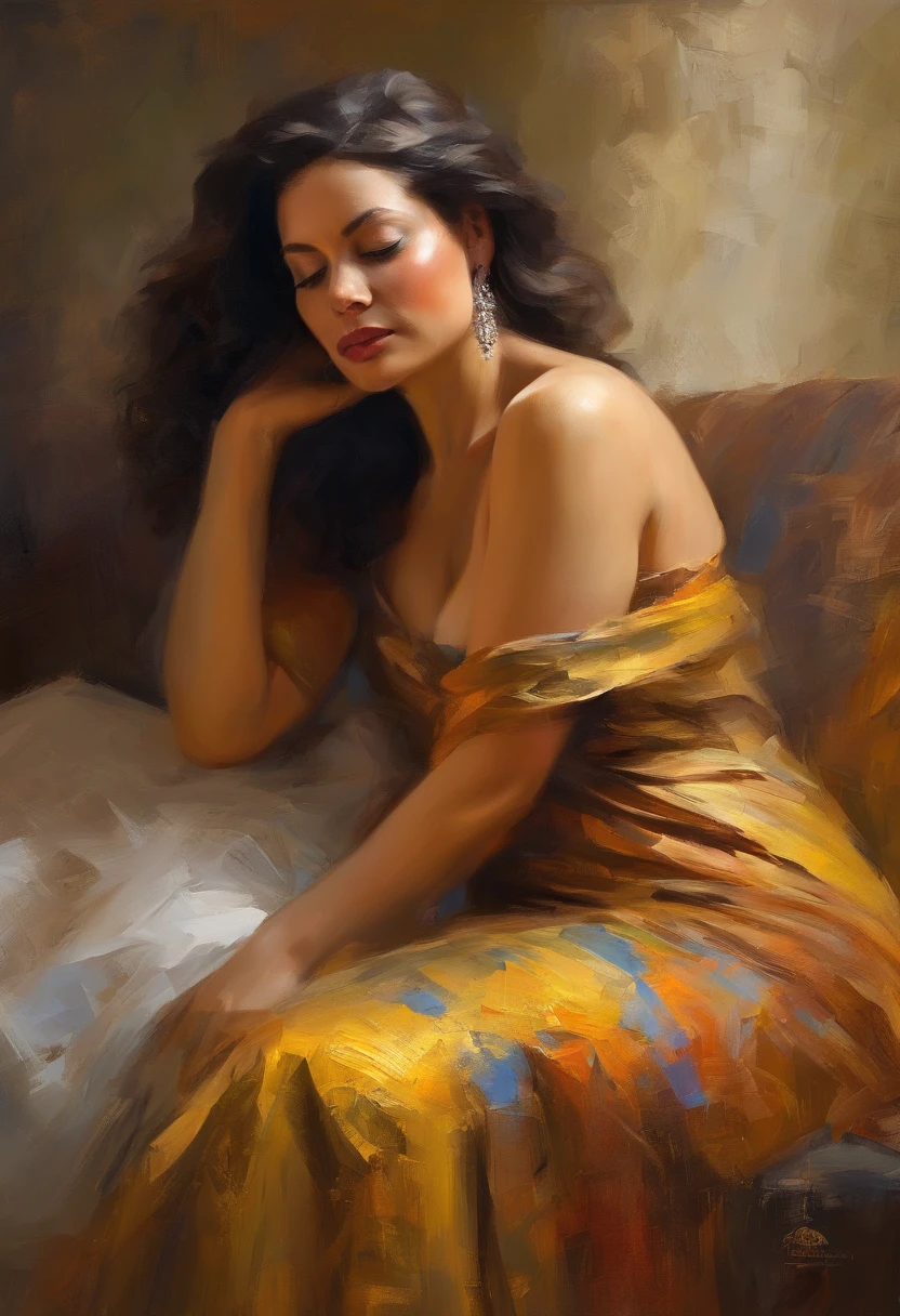 A painting of a woman with her eyes closed, leaning on her hand smiling, wearing a beautiful dress, with exposed cleavage, ((golden ratio}} laying on the sofa after a long night on the town, a sensual painting, a Beautiful expressive painting, Wadim Kashin. Ultra photo realism, Louise Ross, digital painting art, Perceptual digital painting, Stylish digital painting, Bonito painting, glossy digital painting, beautiful digital painting, digital art painting, Fine paintings, ((Rod acrylic paint)).