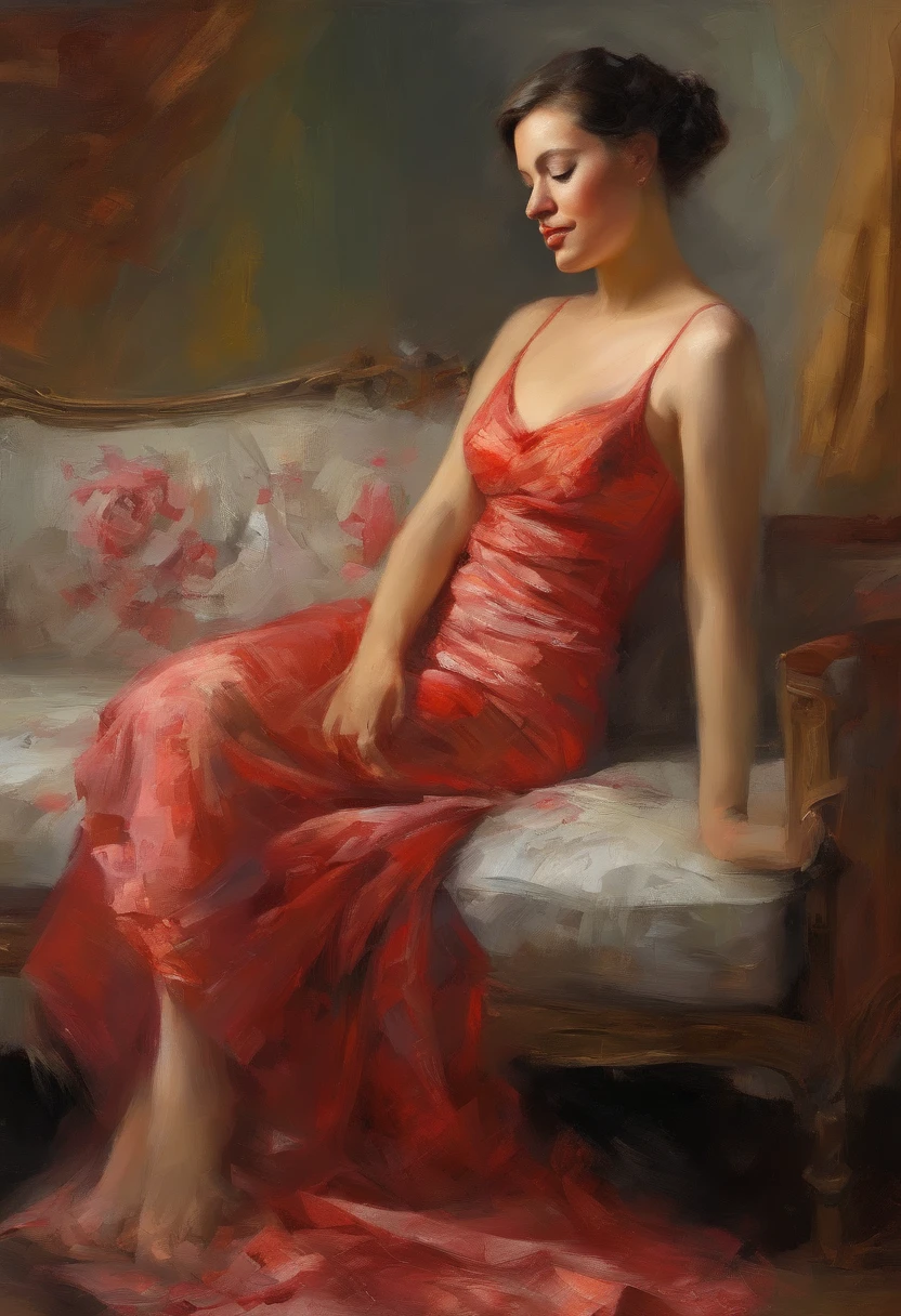 A painting of a woman with her eyes closed, leaning on her hand smiling, wearing a beautiful dress, with exposed cleavage, ((golden ratio}} laying on the sofa after a long night on the town, a sensual painting, a Beautiful expressive painting, Wadim Kashin. Ultra photo realism, Louise Ross, digital painting art, Perceptual digital painting, Stylish digital painting, Bonito painting, glossy digital painting, beautiful digital painting, digital art painting, Fine paintings, ((Rod acrylic paint)).