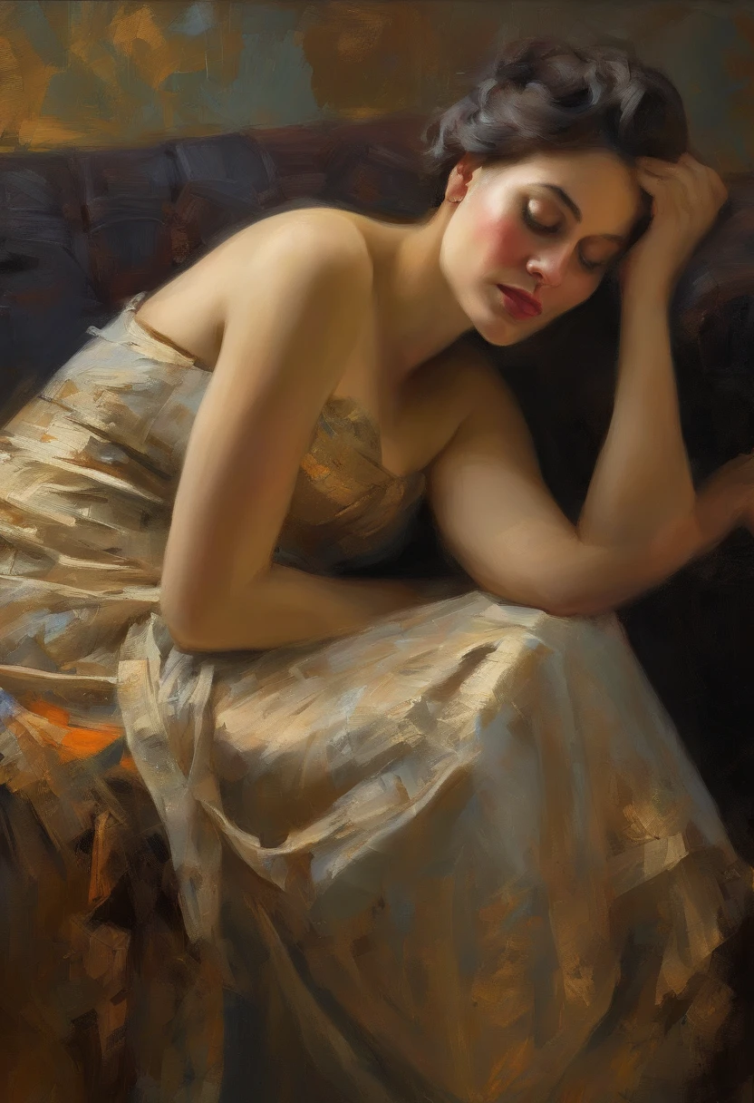 A painting of a woman with her eyes closed, leaning on her hand smiling, wearing a beautiful dress, with exposed cleavage, ((golden ratio}} laying on the sofa after a long night on the town, a sensual painting, a Beautiful expressive painting, Wadim Kashin. Ultra photo realism, Louise Ross, digital painting art, Perceptual digital painting, Stylish digital painting, Bonito painting, glossy digital painting, beautiful digital painting, digital art painting, Fine paintings, ((Rod acrylic paint)).