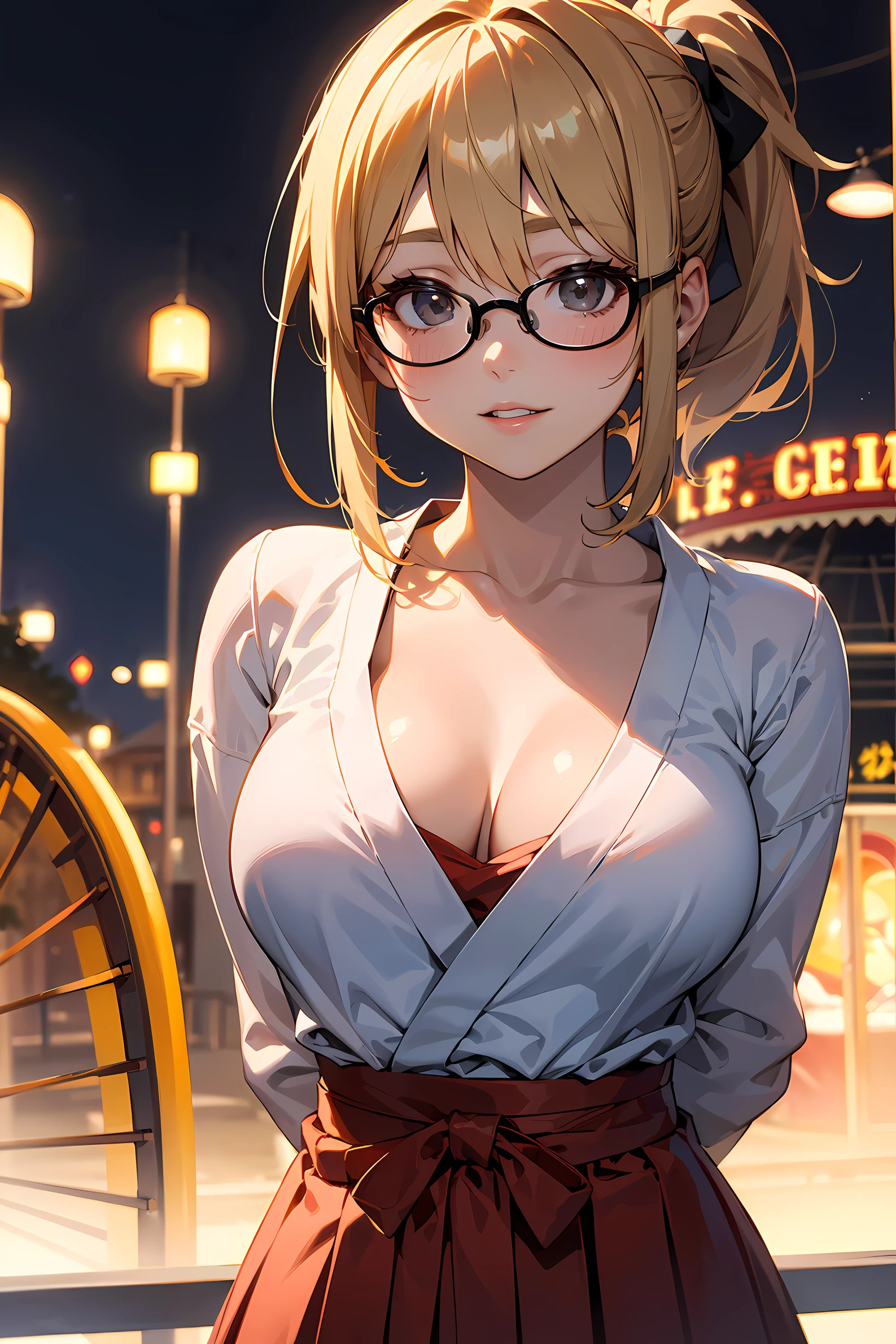 high resolution, Photo of a beautiful woman detailed_face, young handsome girl,realistic:0.5, perfect skin, (wearing a glasses:1.5), (ultra-detailed background, detailed background), bokeh, make happy expressions, happy emotion, gorgeous,pure, beautyfull detailed face and eyes,breasts, (black eyes:1.1), (a extremely pretty and beautiful Japanese woman), (sexy girl), (professional attire:1.3), (22 years old: 1.1), BREAK, (miko outfit:1.2), (Japanese clothes:1.2), (white dogi:1.2), (red hakama:1.2), (leather boots))), cleavage, beautiful detailed skin, (cute:1.2), (blonde hair), ((jpop idol)), (upper thigh:0.6), (depth of field),soft light, Lens Glow looking at viewer, (Drooping eyes:1.2), straight teeth,smile, floating hair, (blond hair:1.2), brown eyes BREAK movie scene, cinematic, full colors, 4k, 8k, 16k, RAW photo, masterpiece, professionally color graded, professional photography, high school girl, hair up, , soft clean focus, realistic lighting and shading, (an extremely delicate and beautiful art)1.3, elegant,active angle,dynamism pose BREAK (ponytail:1.3), (shiny-black thin hair:1.2), bangs, dark brown eyes, beautiful eyes, princess eyes, (big eyes:1.3), bangs, wearing a glasses:1.3, Hair between eyes, short hair:1.3, (slender:1.1), (medium-breasts:0.95), (thin waist: 1.15), (detailed beautiful girl: 1.4), Parted lips, Red lips, full-make-up face, (shiny skin), ((Perfect Female Body)), (upper body image:1.3), Perfect Anatomy, Perfect Proportions, (most beautiful Korean actress face:1.3, extremely cute and beautiful Japanese actress face:1.3), ,(1glasses girl:1.3, solo), ,(blush:1.1), gray background, solo focus, (bust shot:1.2), cinematic light, (nostalgic night scene:1.4), (amusement park:1.4), (merry-go-round、the Ferris wheel、rollercoaster), (arms behind back :1.4), (looking at viewer:1.2