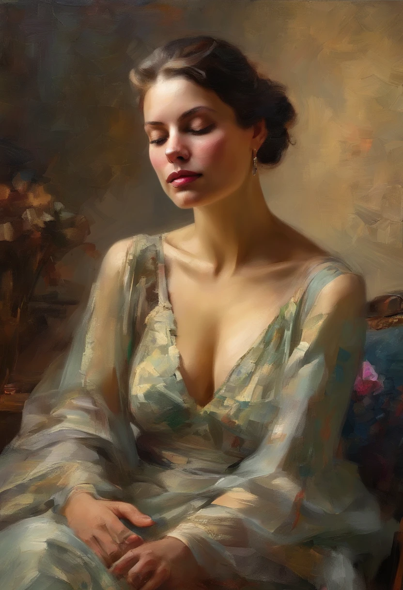 A painting of a woman with her eyes closed, leaning on her hand smiling, wearing a beautiful dress, with exposed cleavage, ((golden ratio}} laying on the sofa after a long night on the town, a sensual painting, a Beautiful expressive painting, Wadim Kashin. Ultra photo realism, Louise Ross, digital painting art, Perceptual digital painting, Stylish digital painting, Bonito painting, glossy digital painting, beautiful digital painting, digital art painting, Fine paintings, ((Rod acrylic paint)).