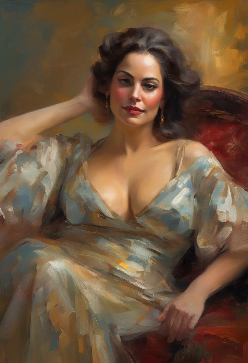 A painting of a woman with her eyes closed, leaning on her hand smiling, wearing a beautiful dress, with exposed cleavage, ((golden ratio}} laying on the sofa after a long night on the town, a sensual painting, a Beautiful expressive painting, Wadim Kashin. Ultra photo realism, Louise Ross, digital painting art, Perceptual digital painting, Stylish digital painting, Bonito painting, glossy digital painting, beautiful digital painting, digital art painting, Fine paintings, ((Rod acrylic paint)).