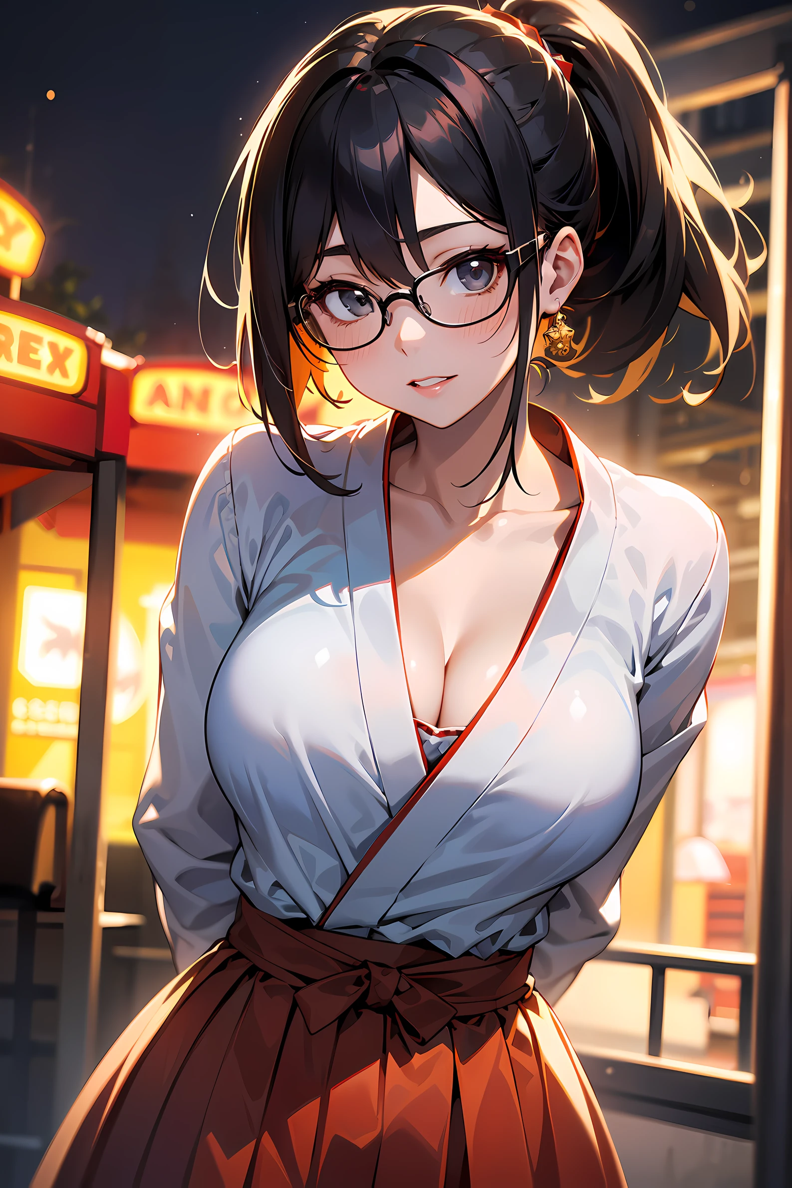 high resolution, Photo of a beautiful woman detailed_face, young handsome girl,realistic:0.5, perfect skin, (wearing a glasses:1.5), (ultra-detailed background, detailed background), bokeh, make happy expressions, happy emotion, gorgeous,pure, beautyfull detailed face and eyes,breasts, (black eyes:1.1), (a extremely pretty and beautiful Japanese woman), (sexy girl), (professional attire:1.3), (22 years old: 1.1), BREAK, (miko outfit:1.2), (Japanese clothes:1.2), (white dogi:1.2), (red hakama:1.2), (leather boots))), cleavage, beautiful detailed skin, (cute:1.2), (blonde hair), ((jpop idol)), (upper thigh:0.6), (depth of field),soft light, Lens Glow looking at viewer, (Drooping eyes:1.2), straight teeth,smile, floating hair, (blond hair:1.2), brown eyes BREAK movie scene, cinematic, full colors, 4k, 8k, 16k, RAW photo, masterpiece, professionally color graded, professional photography, high school girl, hair up, , soft clean focus, realistic lighting and shading, (an extremely delicate and beautiful art)1.3, elegant,active angle,dynamism pose BREAK (ponytail:1.3), (shiny-black thin hair:1.2), bangs, dark brown eyes, beautiful eyes, princess eyes, (big eyes:1.3), bangs, wearing a glasses:1.3, Hair between eyes, short hair:1.3, (slender:1.1), (medium-breasts:0.95), (thin waist: 1.15), (detailed beautiful girl: 1.4), Parted lips, Red lips, full-make-up face, (shiny skin), ((Perfect Female Body)), (upper body image:1.3), Perfect Anatomy, Perfect Proportions, (most beautiful Korean actress face:1.3, extremely cute and beautiful Japanese actress face:1.3), ,(1glasses girl:1.3, solo), ,(blush:1.1), gray background, solo focus, (bust shot:1.2), cinematic light, (nostalgic night scene:1.4), (amusement park:1.4), (merry-go-round、the Ferris wheel、rollercoaster), (arms behind back :1.4), (looking at viewer:1.2