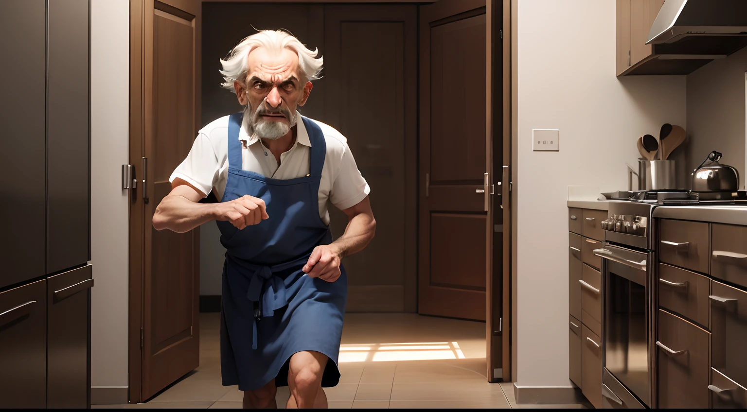 un anciano, Entering the kitchen with an angry expression entering a kitchen