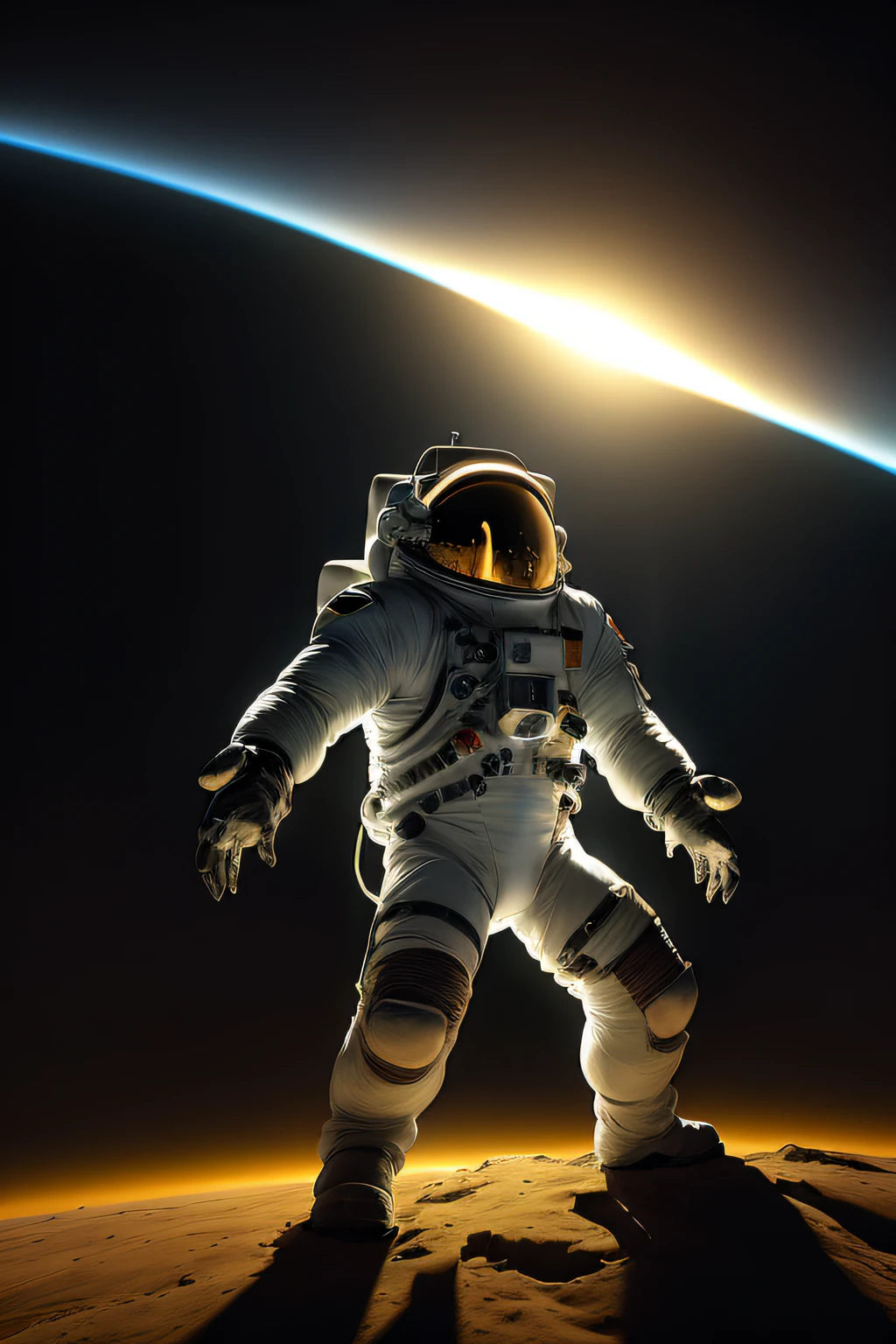 In the vast expanse of space, An astronaut wearing a spacesuit stands in front of a black hole. Em estado sem peso, meteoritos flutuam ao redor. Tem surrealismoo, fotografia ultra grande angular, Arte Oficial, 8k, realismo, detalhes complexos da melhor qualidade, Luz de borda forte, luz de fundo crepuscular, obras-primas de detalhes extremamente detalhadas e complexas, Fotos RAW, detalhes finos, Clear focus, high resolution