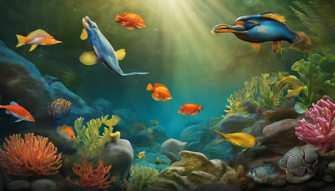 Illustrations of aquatic animals and birds, emphasizing the diversity of life created by God.