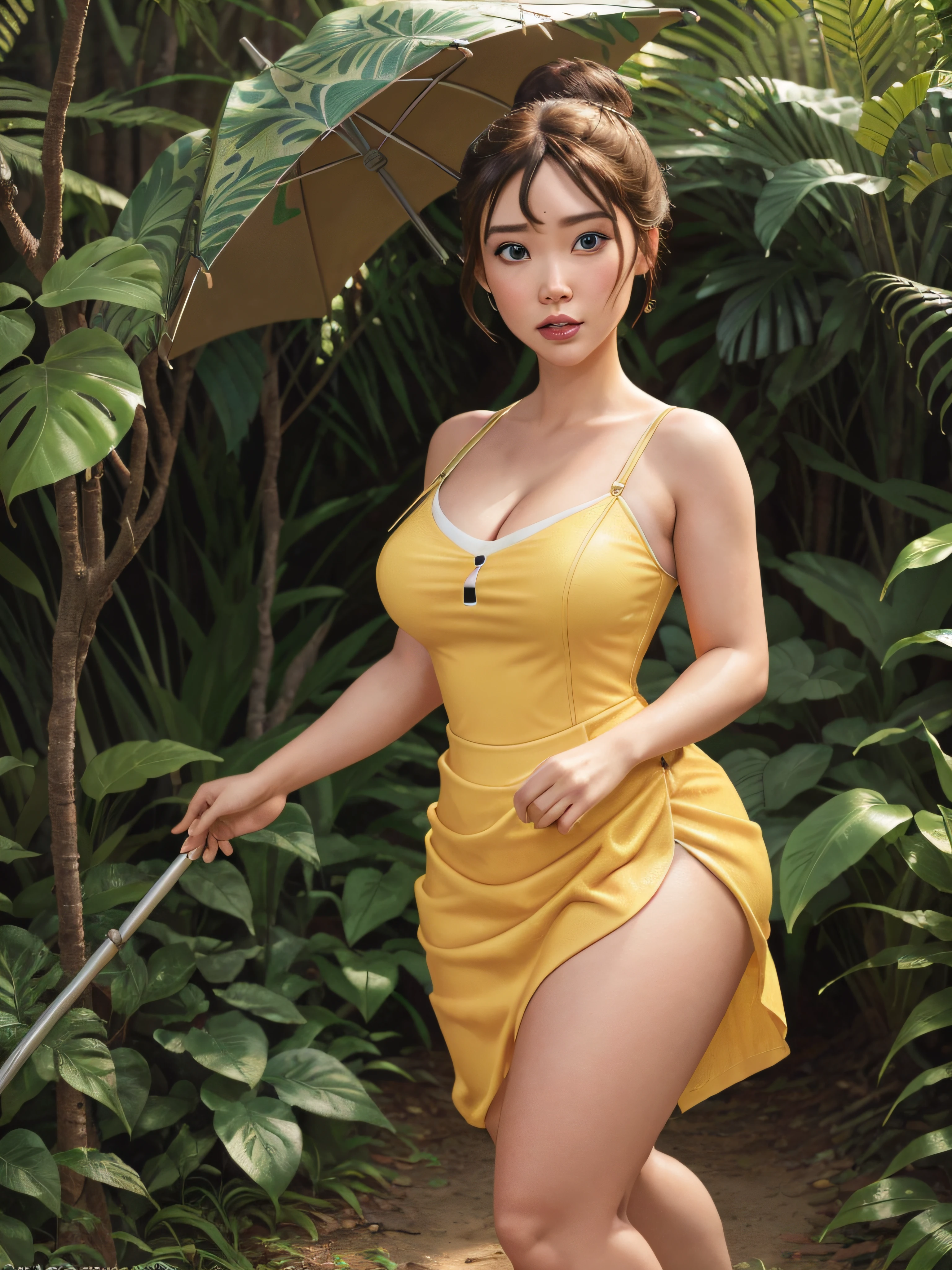 (JaneWaifu:1), surprised, cute, cute pose, looking at viewer, thick thighs, (yellow dress:1.2), (hair bun) :D, curvy, (holding umbrella),

(realistic:1.2), (realism), (masterpiece:1.2), (best quality), (ultra detailed), (8k, 4k, intricate),(full-body-shot:1),(Cowboy-shot:1.2), (85mm),light particles, lighting, (highly detailed:1.2),(detailed face:1.2), (gradients), sfw, colorful,(detailed eyes:1.2),

(detailed ladscape, jungle, vegetation, plants:1.2),(detailed background),detailed landscape, (dynamic angle:1.2), (dynamic pose:1.2), (rule of third_composition:1.3), (Line of action:1.2), wide shot, daylight, solo,