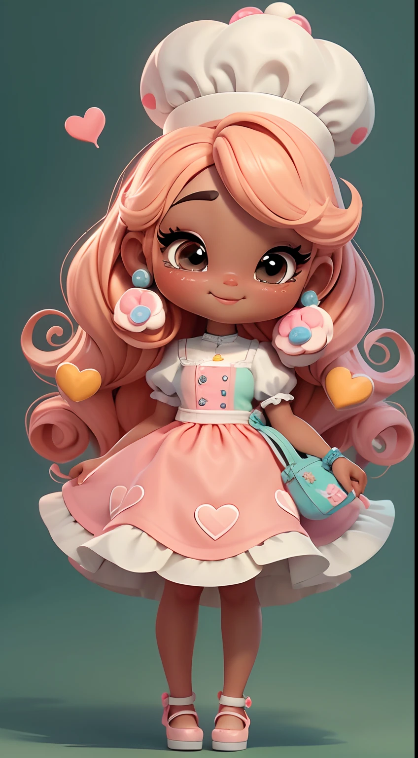 Create a series of cute black skinned afro dolls chibi style with a cute candyland chef theme, each with lots of detail and in an 8K resolution. All dolls should follow the same candyland candy wallpaper pattern and be complete in the image, mostrando o (corpo inteiro, incluindo as pernas: 1.5)
Boneca candyland f: Chame-a de Marina. Ela deve ter cabelos pequenos em tom laranja pastel. Seus olhos devem ser grandes e expressivos, with long eyelashes and rosy cheeks. Sorriso delicado e branco. Sophie deve estar vestida com uma roupa colorida, pastel hues, tons laranja e detalhes doces;. She should hold a candy in her hands. Certifique-se de adicionar detalhes nas roupas, such as buttons and pockets, sapato bonito
Certifique-se de adicionar sombras, texturas e detalhes nos cabelos, roupas, doces e chocolate em barra, to make them even more adorable and charming.