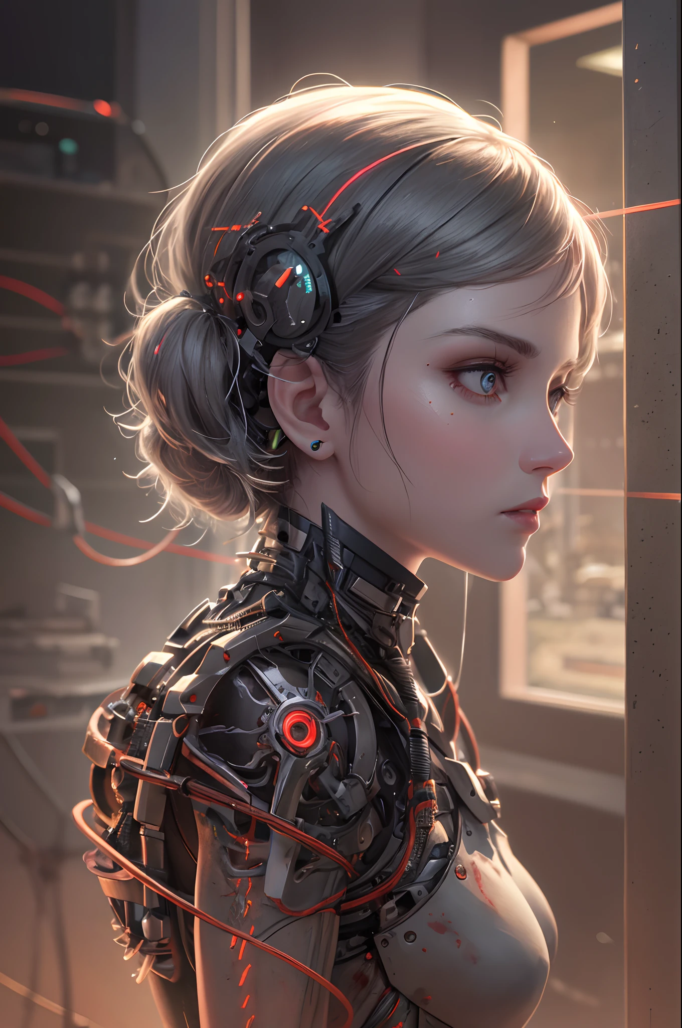 1mechanical girl,((ultra realistic details)), portrait, global illumination, shadows, octane render, 8k, ultra sharp,metal,intricate, ornaments detailed, cold colors, egypician detail, highly intricate details, realistic light, trending on cgsociety, glowing eyes, facing camera, neon details, machanical limbs,blood vessels connected to tubes,mechanical vertebra attaching to back,mechanical cervial attaching to neck,sitting,wires and cables connecting to head
