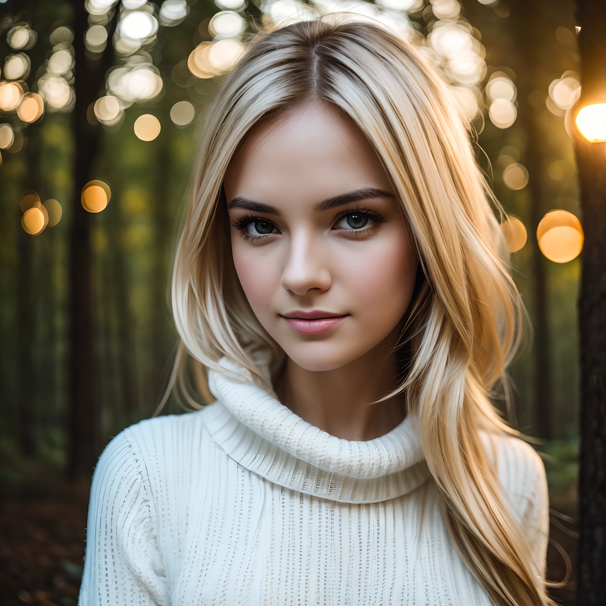 (Selfie, Top view: 1.4), (Straight mid-body shot: 4.4), RAW UHD portrait photo of a 27-year-old blonde (Woman with brown eyes) posing in a forest in autumn, wearing a (white sweater and skirt, puff sleeves, white puffy outfit, cozy vibes, oversized sweater, voluminous sleeves, trendy clothes, cozy aesthetic), Details (Textures! , Hair! , Shine, Color!! , Drawbacks: 1.1), bright eyes with high detail (Looking at the camera), SLR lighting, SLR camera, Ultra quality, sharpness, Depth of field, Film grain (center), Fujifilm XT3, Crystal clear, Center of the frame, Beautiful face, sharp focus, lamppost, Neon lighting, Bokeh (Low light), Night, (night sky), detailed skin pores, oily skin, burn, Complex eye details, full body.