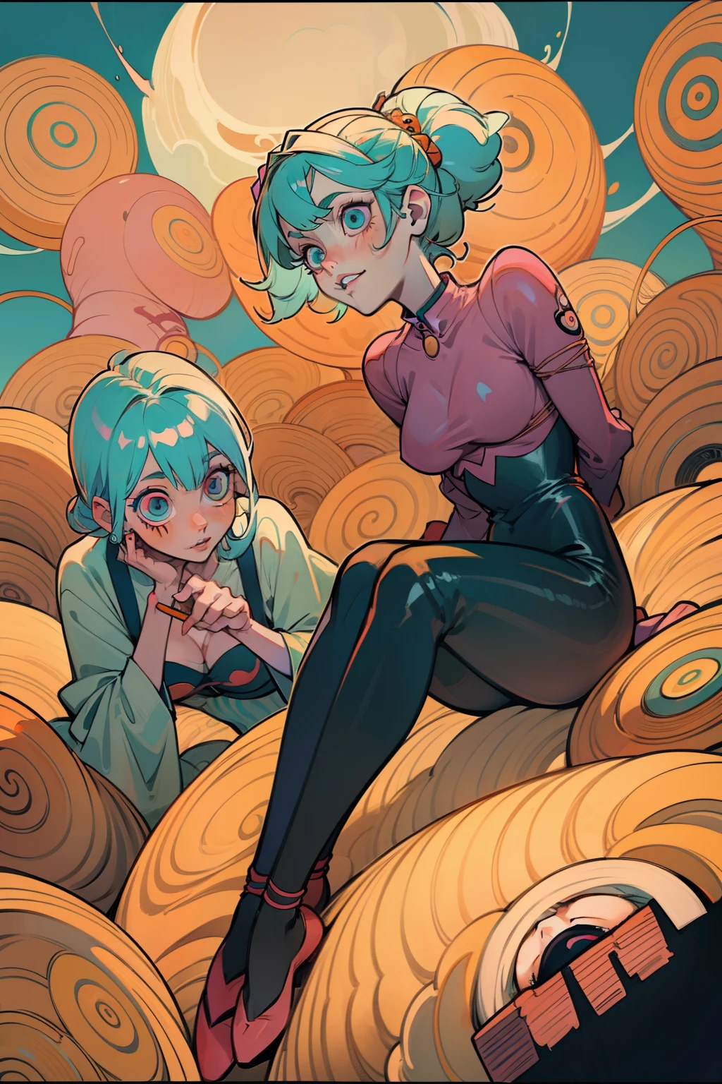 Red ambient lighting, green and yellow toned theme,Two girls in a garden, gardening, holding flowers, planting with a shovel, sunny blue skies, clear blue cloud skies, rabbits running around, nothing vicious, akato yamamoto art style, horror manga, goru, girl in lingerie and shibari laying on the floor, Ultra maniac anime manga style theme (nana manga) Kamikaze kaitoujin, full body high quality 4k illustration, ceiling view pose girl looking into camera from a white bedsheet and blood splatter, Junji ito style, (uzumaki, lit. "Spiral") is a Japanese horror manga series written and illustrated by Junji Ito, horror illustration, (uzumaki) (tomie) (a girl,beauty,2girls)cool detailed eyes,beautiful detailed lips,extremely detailed eyes and face,longeyelashes,colorful hair,confident smile,stylish outfit, earrings (yummy) food in a dynamic pose(aesthetic style),vibrant colors,street-art inspired background,urban lighting, pearly white and orange and pink, Comic book heroin. villain. White hair streaks, aqua blue hair, hair with a lot of flow and blonde, city scape, clothes, lingerie laying on the floor