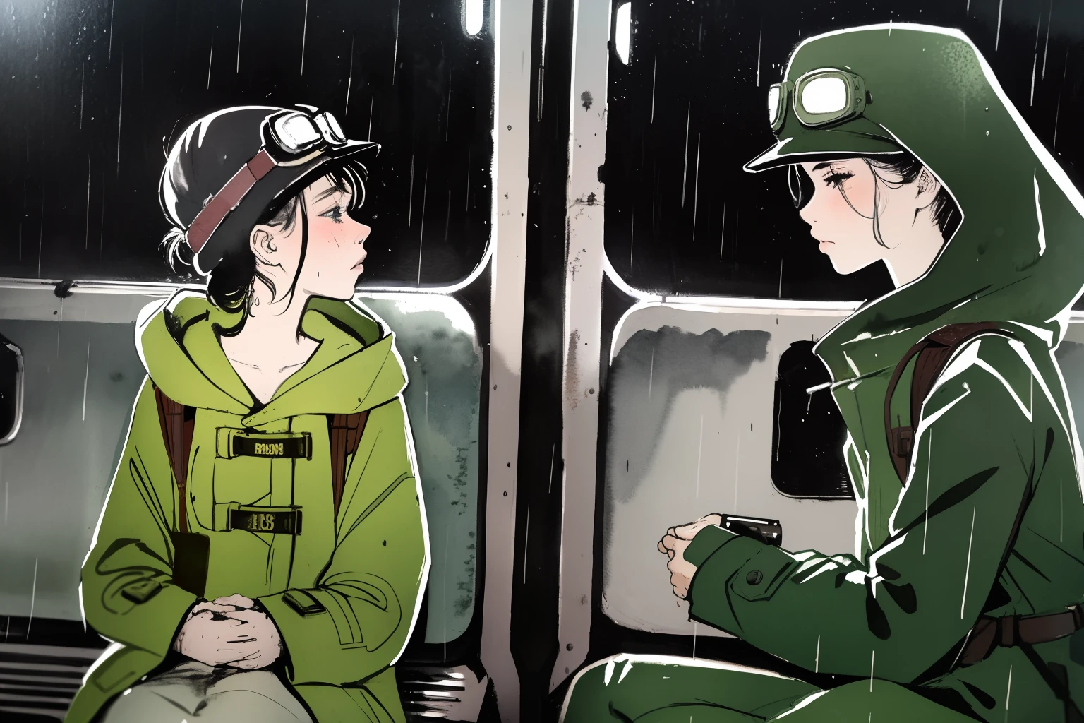 masterpiece, best quality, 2girls, (closeup), 18yo teen, slim, small breast, sitting inside the abandoned train, tired, dirty face, green raincoat, goggles on head, (backpacks), heavy rain, downpour, abandoned train station, grey, desolate, rain, dark, watercolor, sketch
