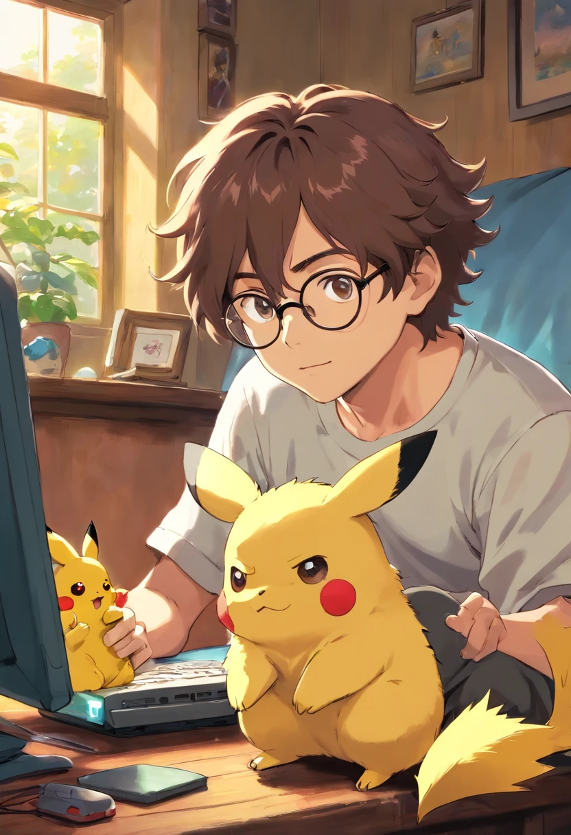 Homem jovem, with wavy hair wearing glasses and playing on your computer in your bedroom with a pikachu in your lap