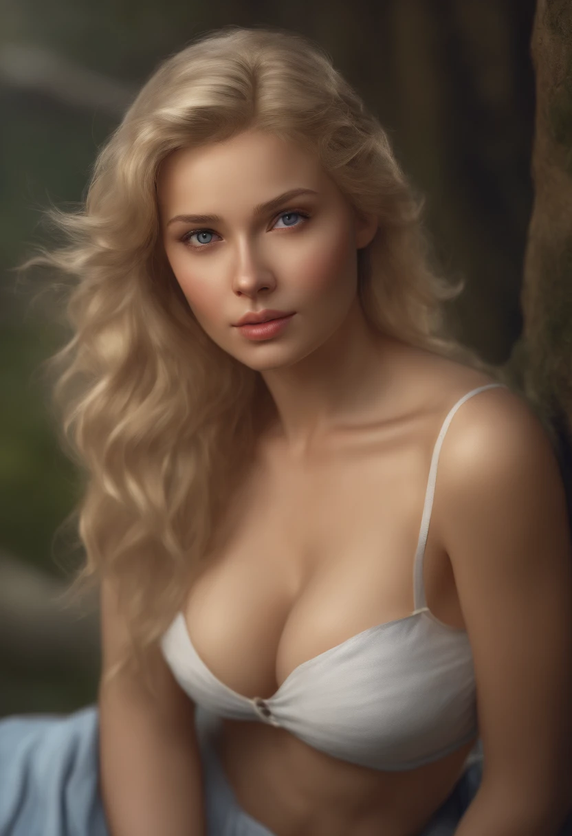 (Masterpiece, best quality, photorealistic, highres, photography, :1.3), 1 blonde girl, age Russian girl, (colossal breasts), playful, realistic skin, perfect body, cleavage, midriff, extremely detailed hair, (cute), outdoor, ((realistic, super realistic, realism, realistic detail))