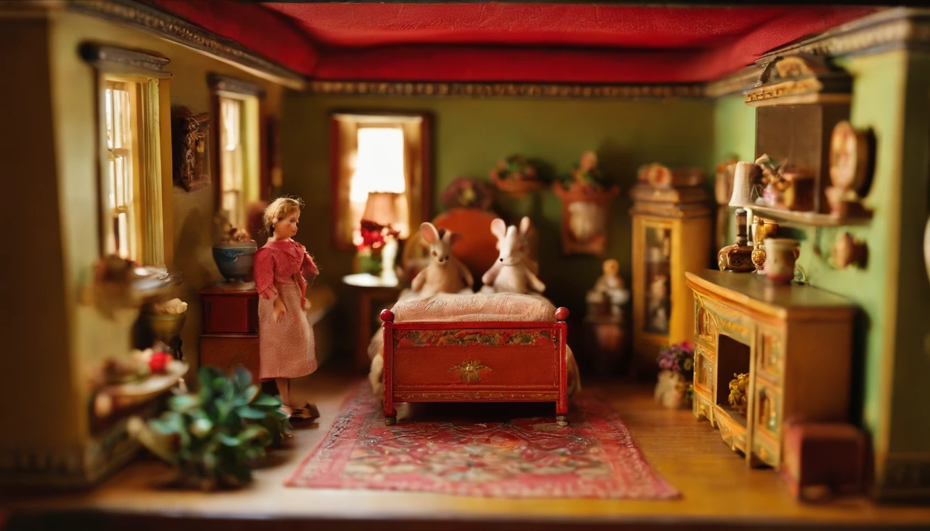 1930's era doll house, front view, ornate, colorful, cute mice in rooms