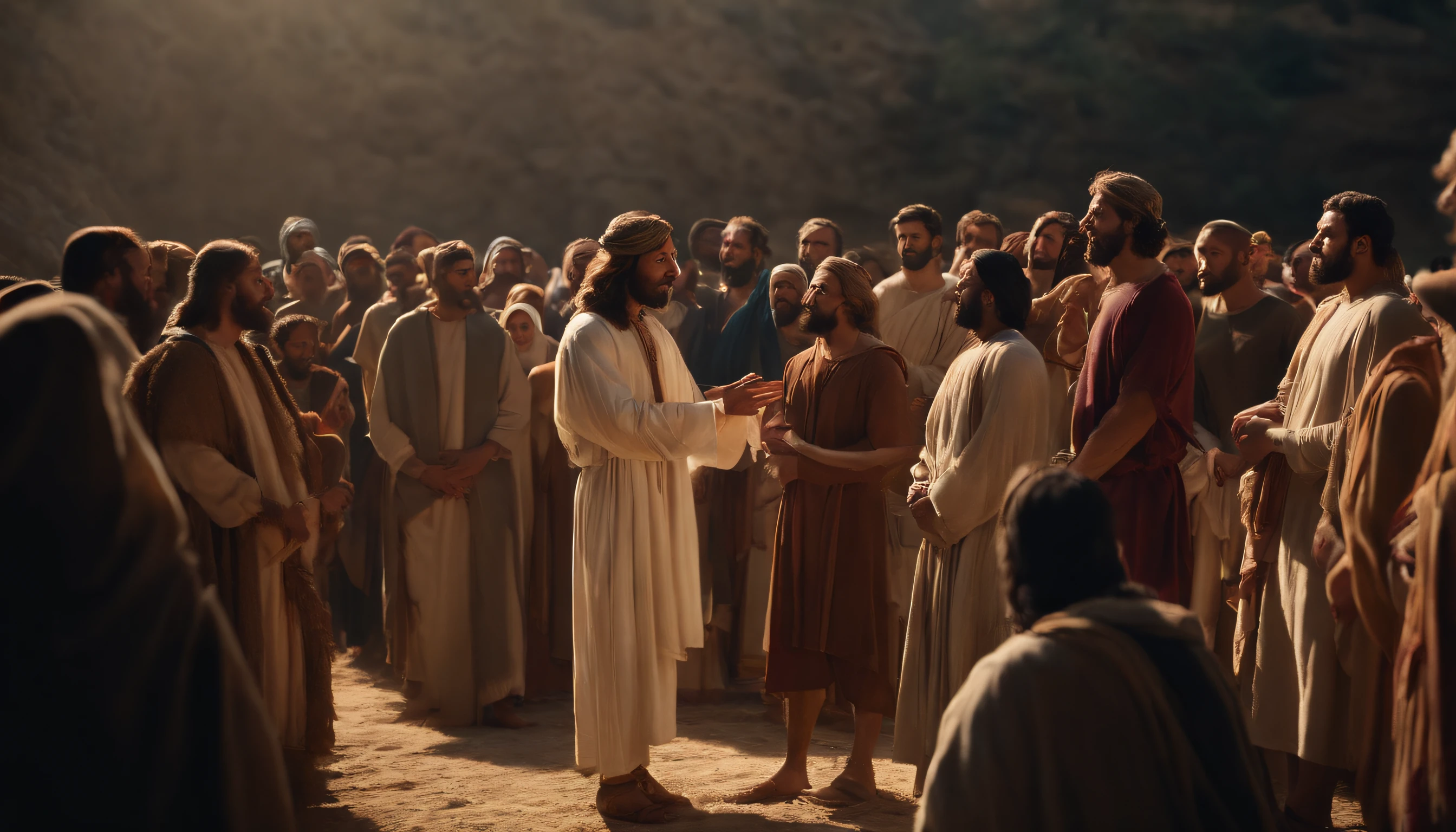 Jesus telling parables in a crowd, Realistic, 8k, cinemactic