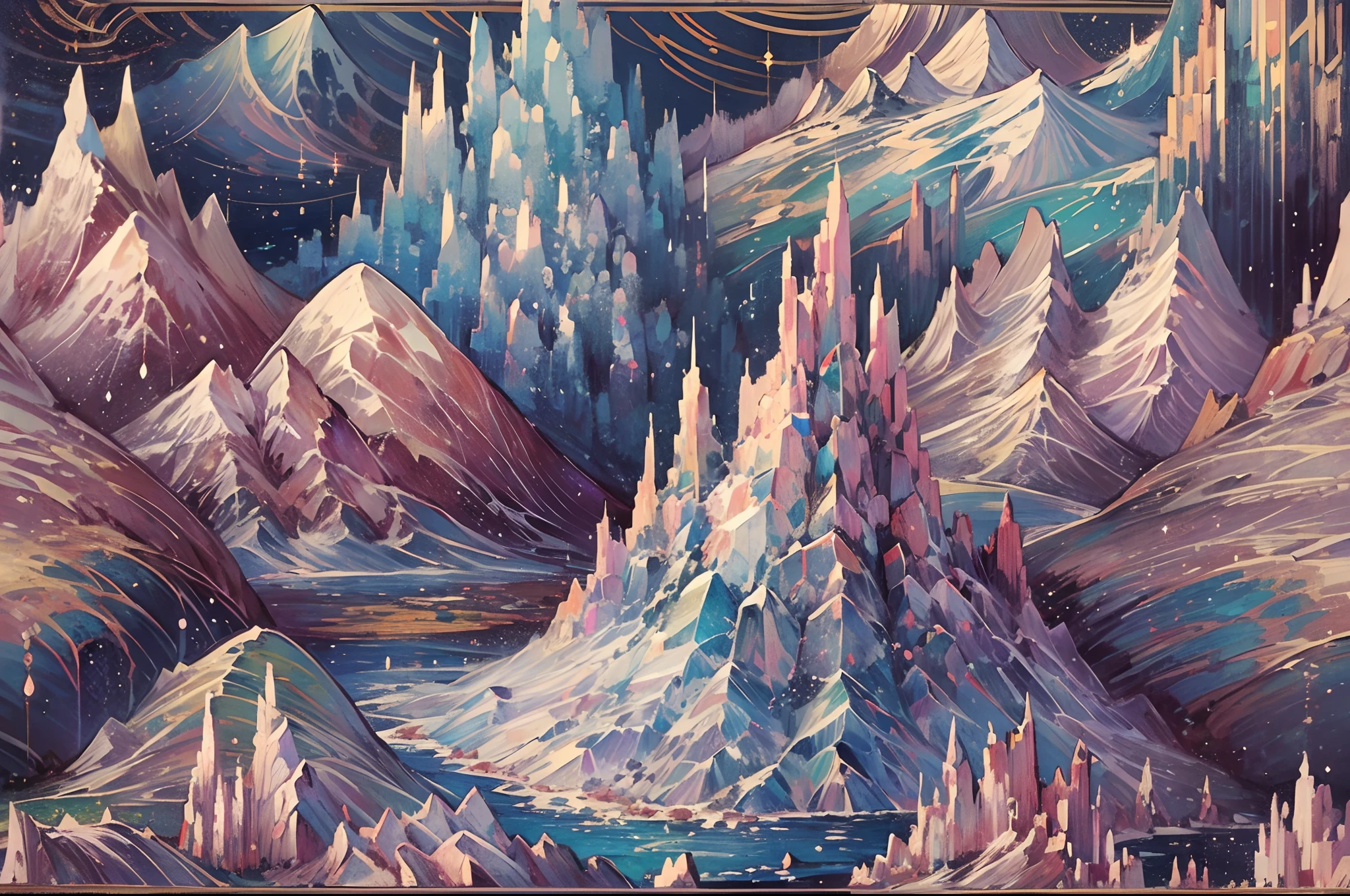 ((nobody)) Vintage Victorian style, Precise old encyclopedia (best quality:1.2), (detailed:1.2), (masterpiece:1.2), vintage illustrations of a shiny iridescent crystal mountains with waterfalls, shimmering glittering lights, water drops, ((crystals)) ((crystal mountains))
