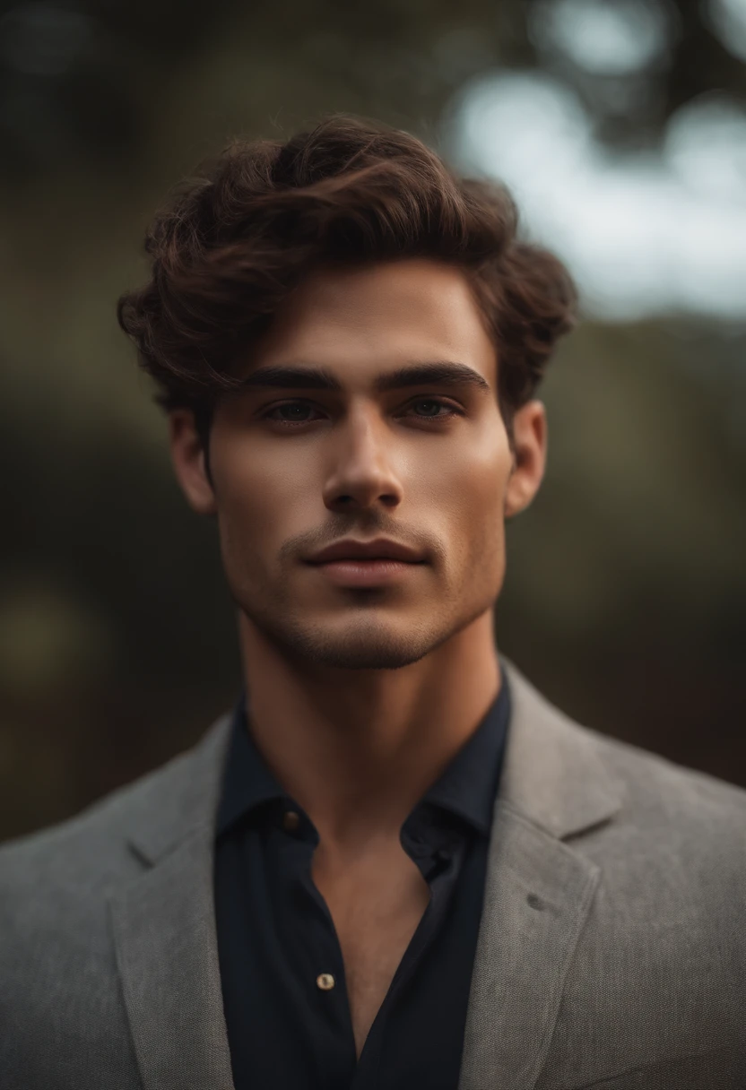 Cinematic soft lighting illuminates a beautiful Brazilian male model with stunning and ultra-realistic details,Foto de corpo inteiro da frente,olhar bonito,messy short brown hair,olhos claros de mel,Sorriso encantador perfeito,Criado sexy,Homem quente,insanamente bonito,That's the trend of ArtStation。Octane is the perfect tool to capture the softest details of this 16k photographic masterpiece。
