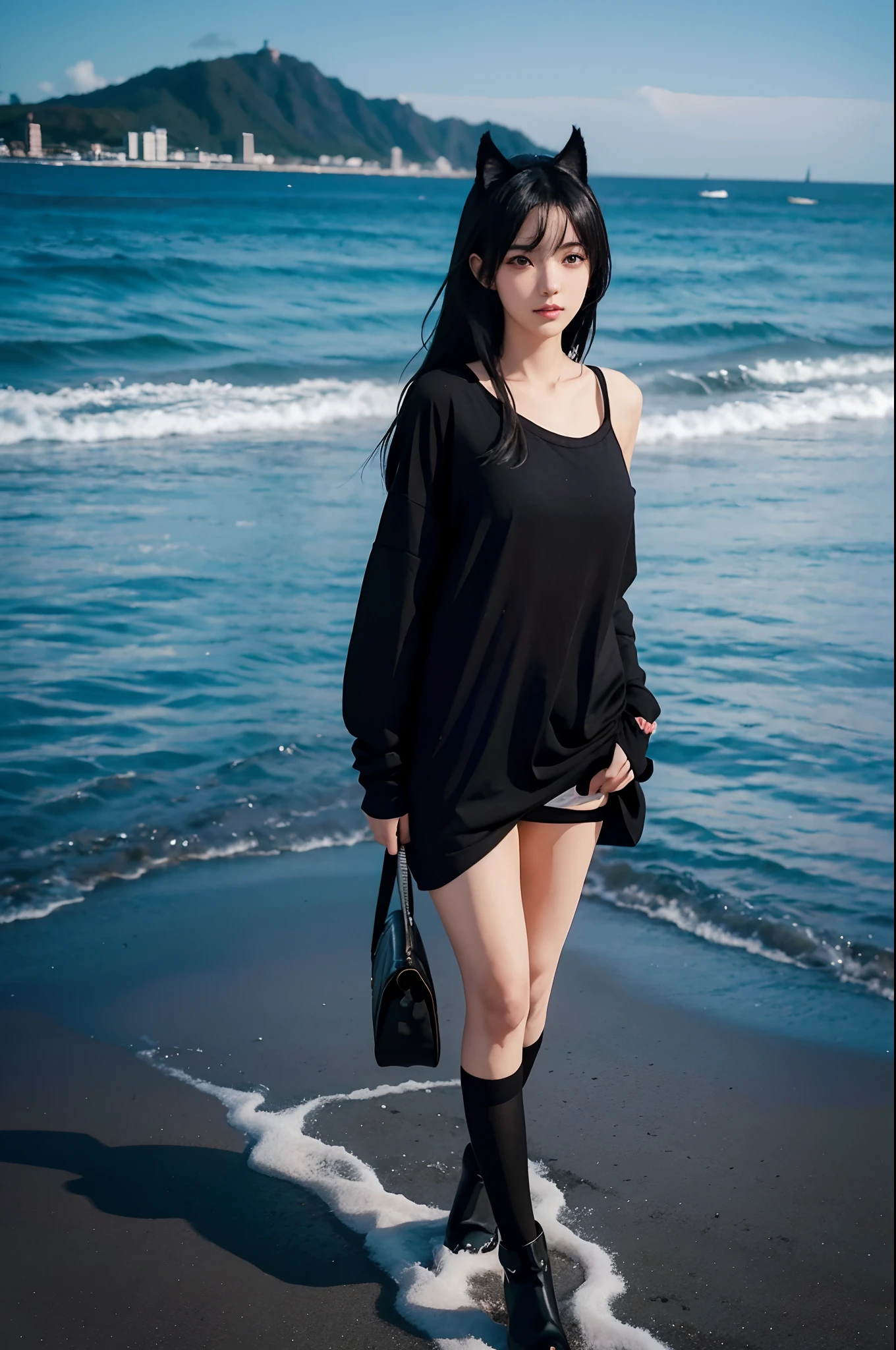 anime girl with a cat ears and a black shirt walking on a beach, artwork in the style of guweiz, guweiz, high quality anime artstyle, anime artstyle, digital anime illustration, full body portrait of a short!, made with anime painter studio, style anime, anime style 4 k, anime style. 8k, anime style illustration