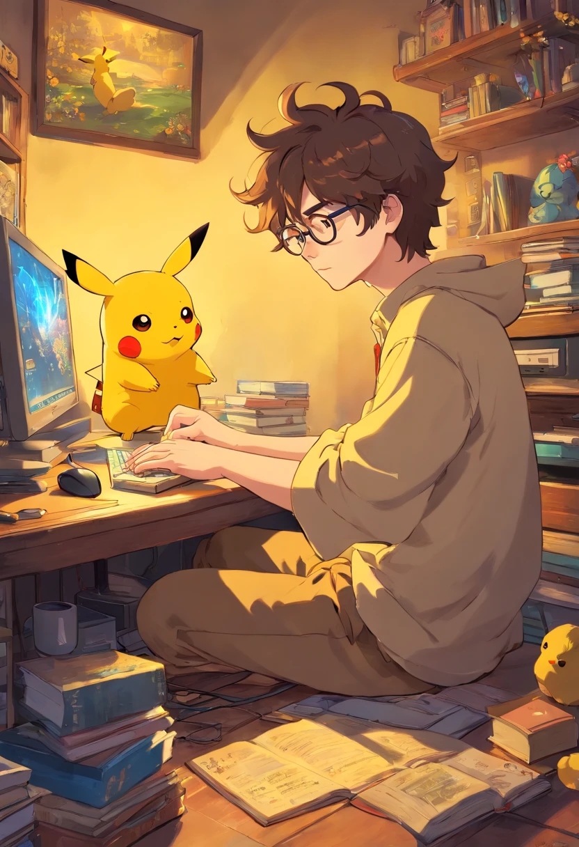 homem jovem, with wavy hair wearing glasses and playing at the computer in the bedroom, com um pikachu no colo de noite