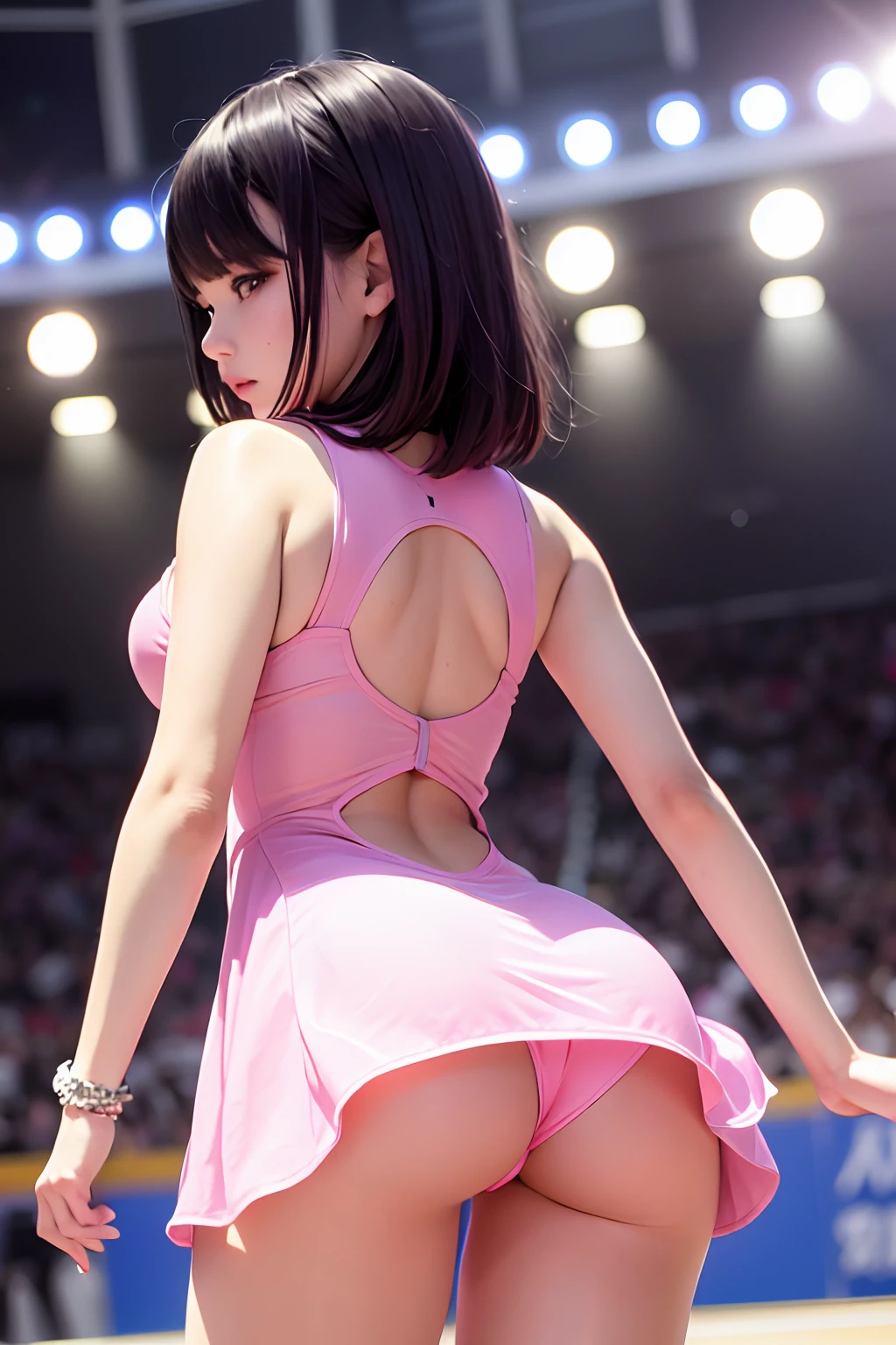 top-quality、lighting like a movie、Girl in pink figure skating costume、stadio、nice butt、perfect buttocks、a miniskirt、A dark-haired、