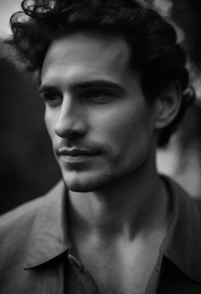Ombres sensuelles: The Handsome Enigmatic Look - Immerse yourself in sensual shadows with an extreme close-up that highlights striking and short eyes, curly short brown hair, (shaven:1.3), (40 ans:1.3). The mastery of light and shadow adds depth to its masculine aspect in this dramatic composition........ Captured with a Fujifilm GFX 100S and a Fujinon GF 63mm f/2.Objectif 8 R WR --ar 9:16 --s 350 --c 10 --style brut