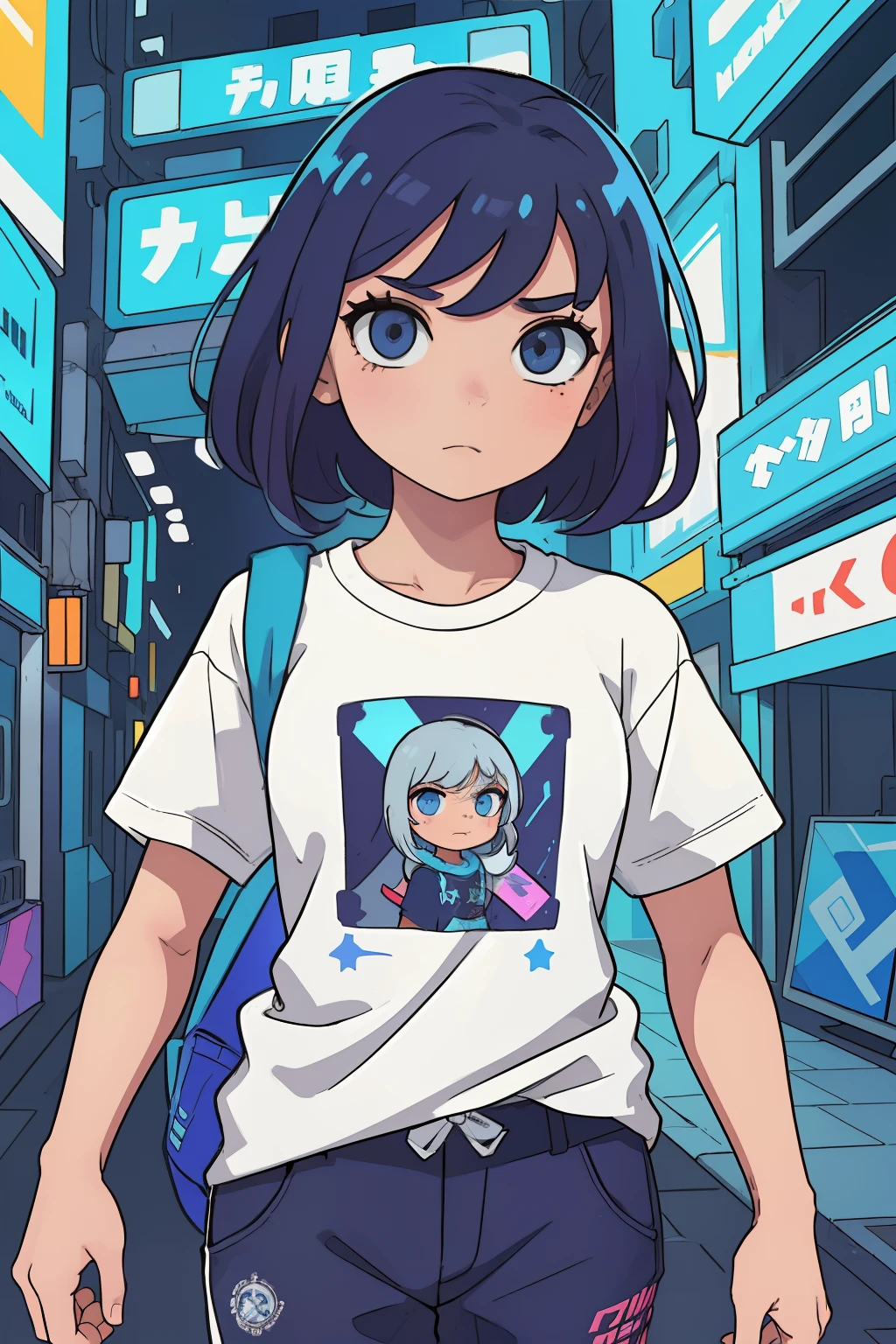 (Melhor qualidade, obra-prima), uma menina, um menino, um homem de meia-idade, cyberpunk, cartoon, estilizado, neon, arte de camiseta, design de camiseta, bonito, fundo branco (desenho animado: 1.5)