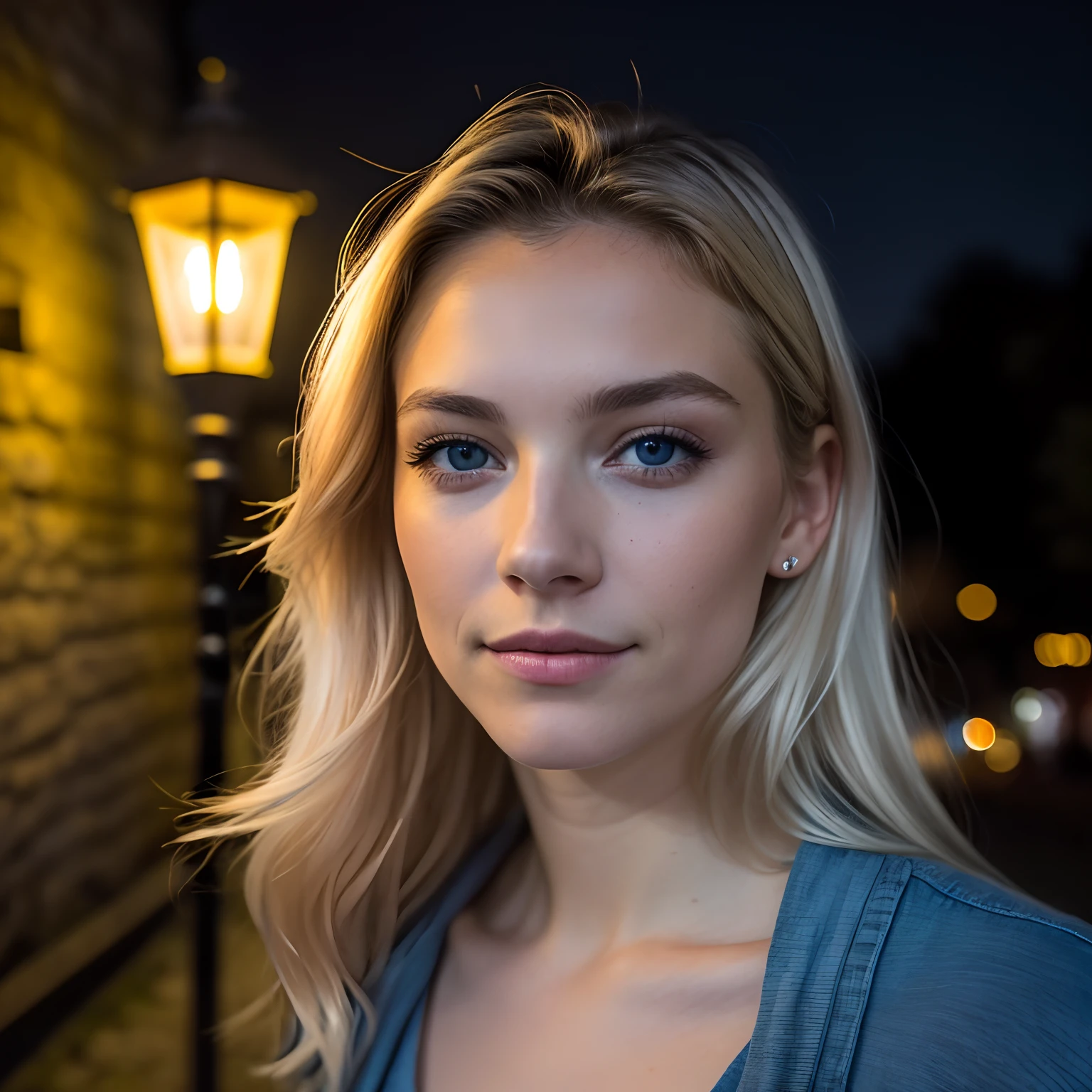 Femme blonde aux yeux bleus et chemise bleue debout devant un mur de briques, Soft portrait low light, 7 0 mm portrait, Portrait 60mm, Portrait 50mm, Cinematographic portrait, Medium light portrait, Mid-shot portrait of a beautiful woman, Medium portrait Upper light, 50mm lens photo portrait, Perfectly lit face, Portrait Tight Photo