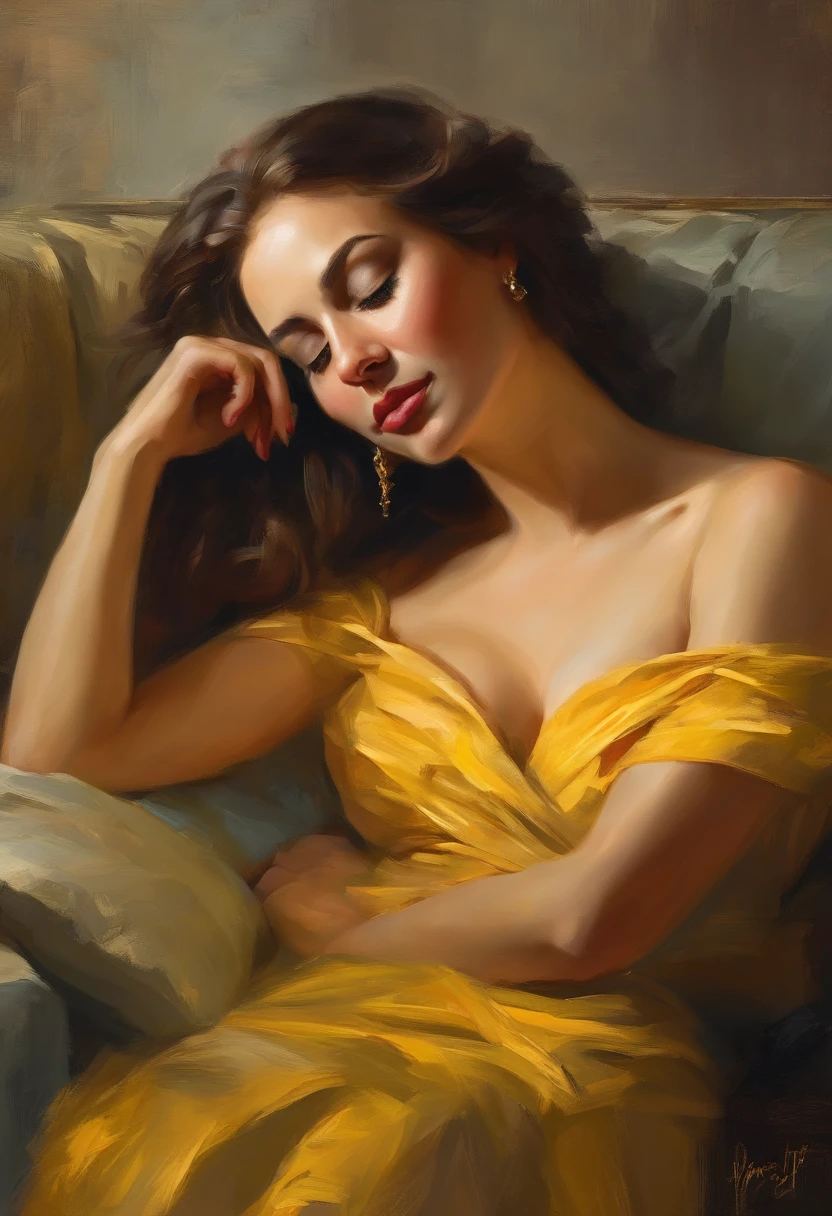 A painting of a woman with her eyes closed, leaning on her hand smiling, wearing a beautiful yellow dress, with exposed cleavage, ((golden ratio}} laying on the sofa after a long night on the town, a sensual painting, a Beautiful expressive painting, Wadim Kashin. Ultra photo realism, Louise Ross, digital painting art, Perceptual digital painting, Stylish digital painting, Bonito painting, glossy digital painting, beautiful digital painting, digital art painting, Fine paintings, ((Rod acrylic paint)).