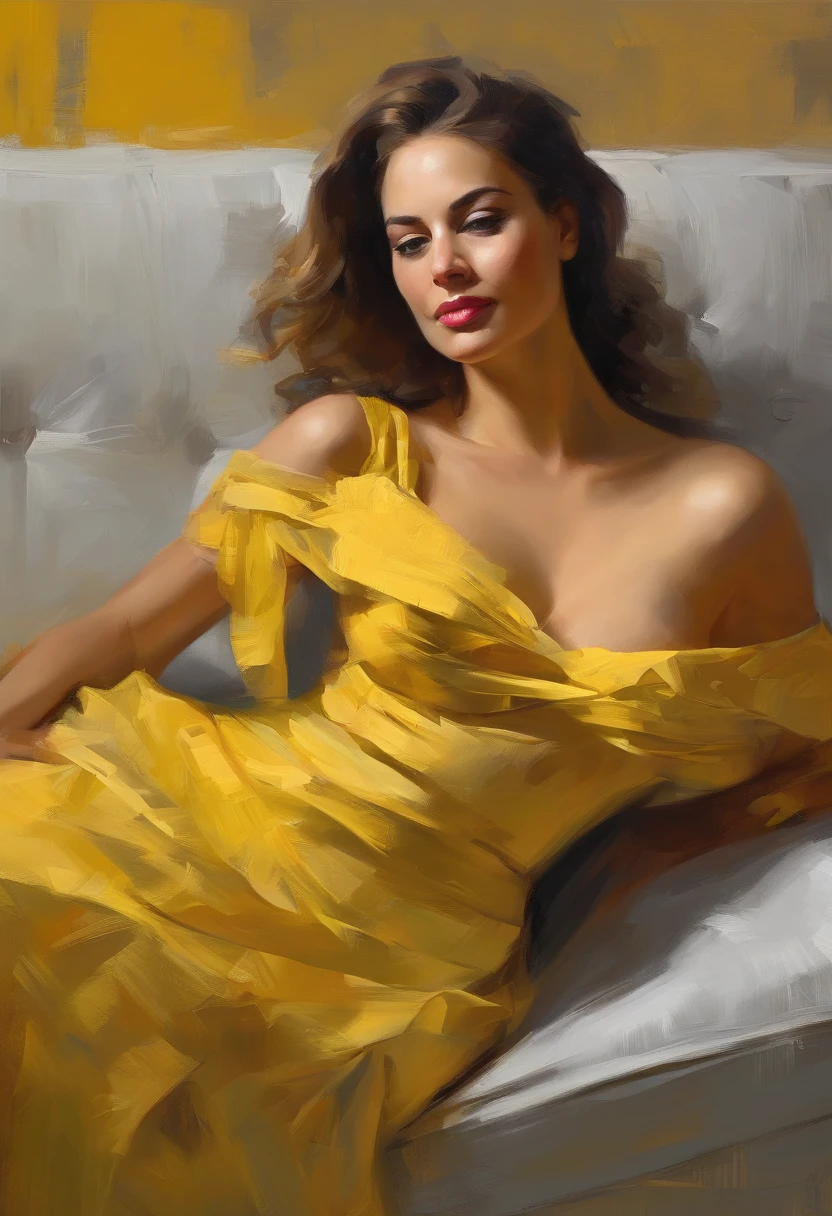 A painting of a woman with her eyes closed, leaning on her hand smiling, wearing a beautiful yellow dress, with exposed cleavage, ((golden ratio}} laying on the sofa after a long night on the town, a sensual painting, a Beautiful expressive painting, Wadim Kashin. Ultra photo realism, Louise Ross, digital painting art, Perceptual digital painting, Stylish digital painting, Bonito painting, glossy digital painting, beautiful digital painting, digital art painting, Fine paintings, ((Rod acrylic paint)).