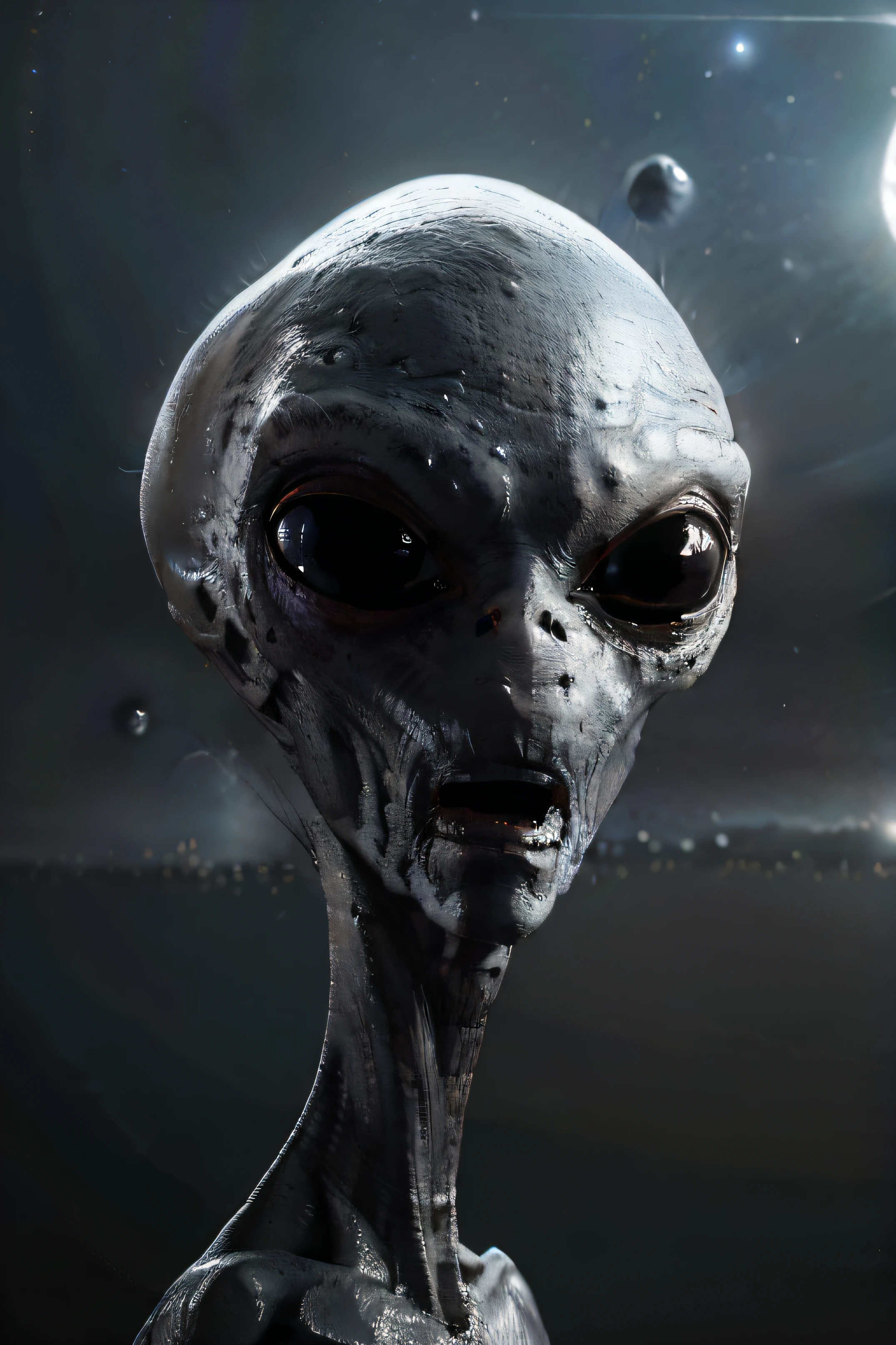 An alien beign, who has a big head, olhos grandes redondos e um corpo magro, It is gray and the background is a spaceship in outer space