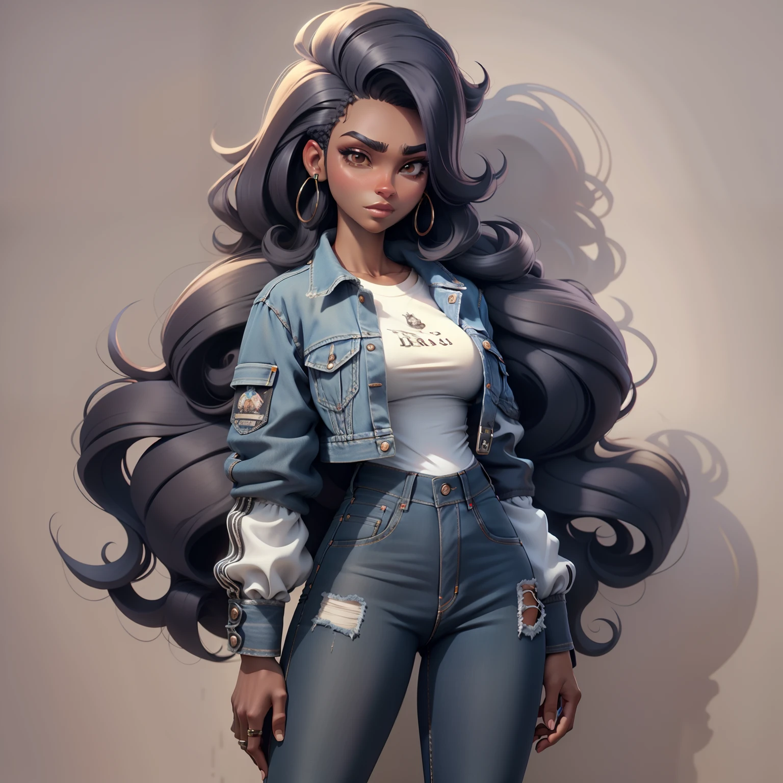 Garota branca, cabelo longo preto, mecha roxa, camisa branca, jaqueta preta, Denim Jeans Pants, fundo branco