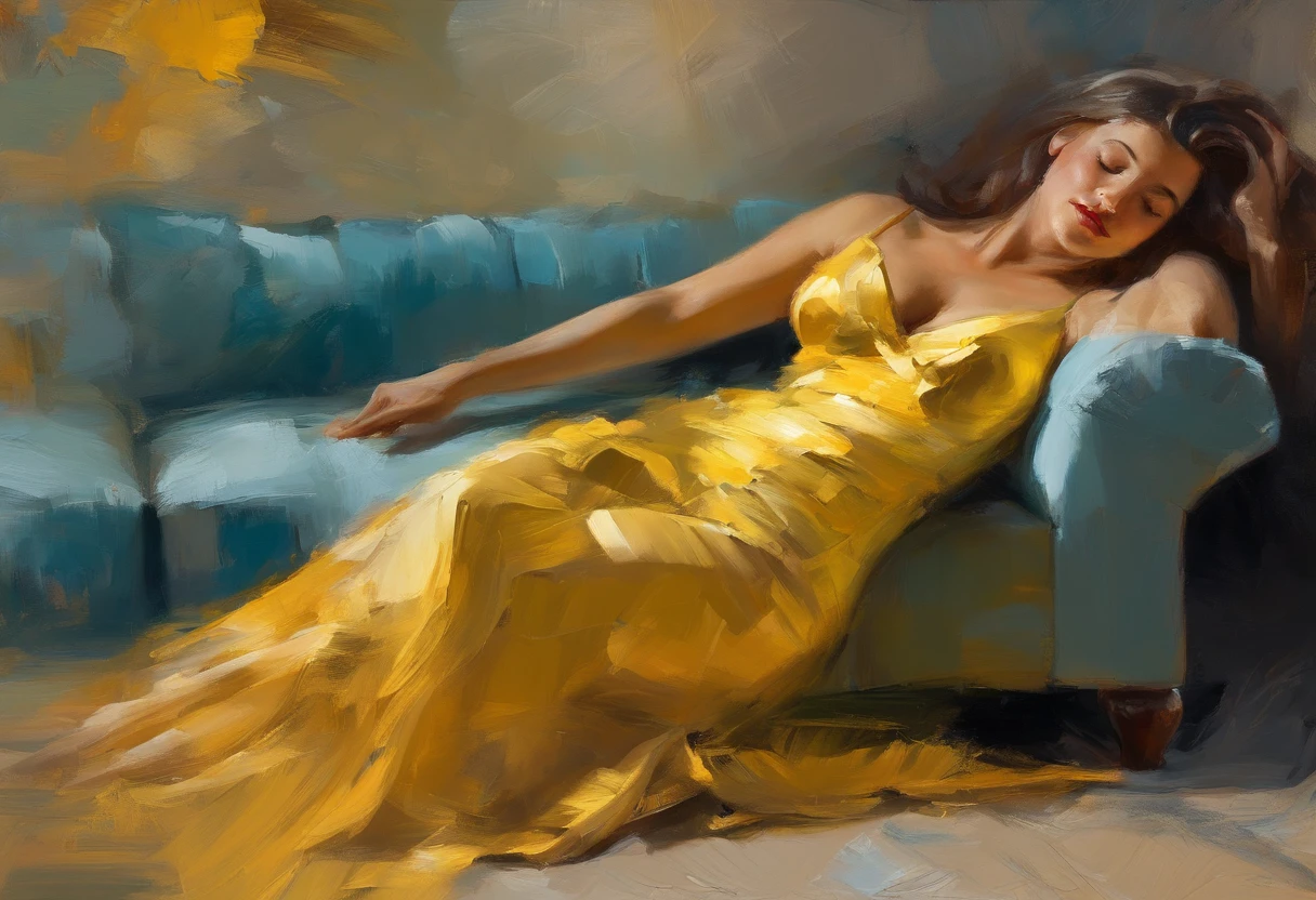 A painting of a woman with her eyes closed, leaning on her hand smiling, wearing a beautiful yellow dress, with exposed cleavage, ((golden ratio}} laying on the sofa after a long night on the town, a sensual painting, a Beautiful expressive painting, Wadim Kashin. Ultra photo realism, Louise Ross, digital painting art, Perceptual digital painting, Stylish digital painting, Bonito painting, glossy digital painting, beautiful digital painting, digital art painting, Fine paintings, ((Rod acrylic paint)).