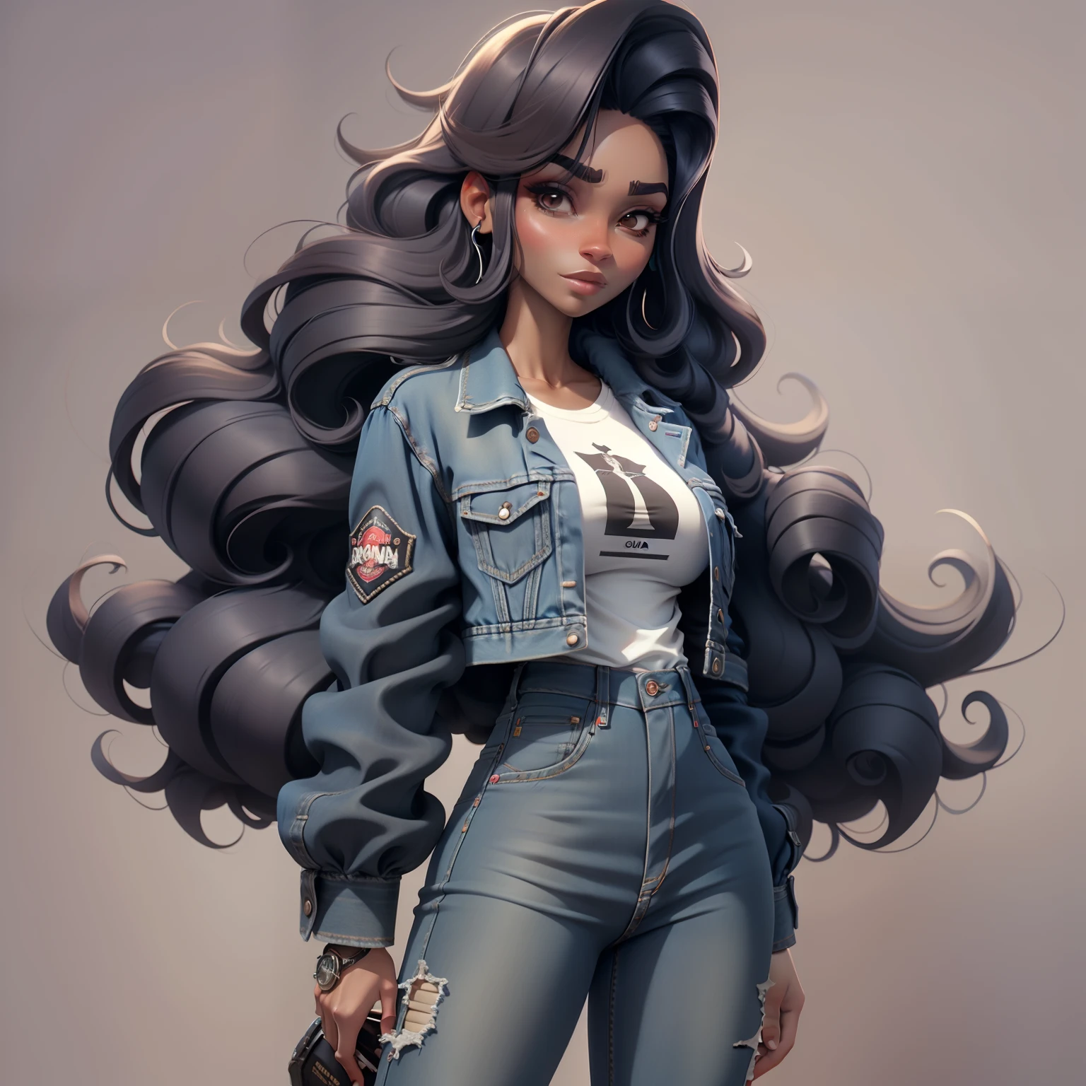 Garota branca, cabelo longo preto, mecha roxa, camisa branca, jaqueta preta, Denim Jeans Pants, fundo branco